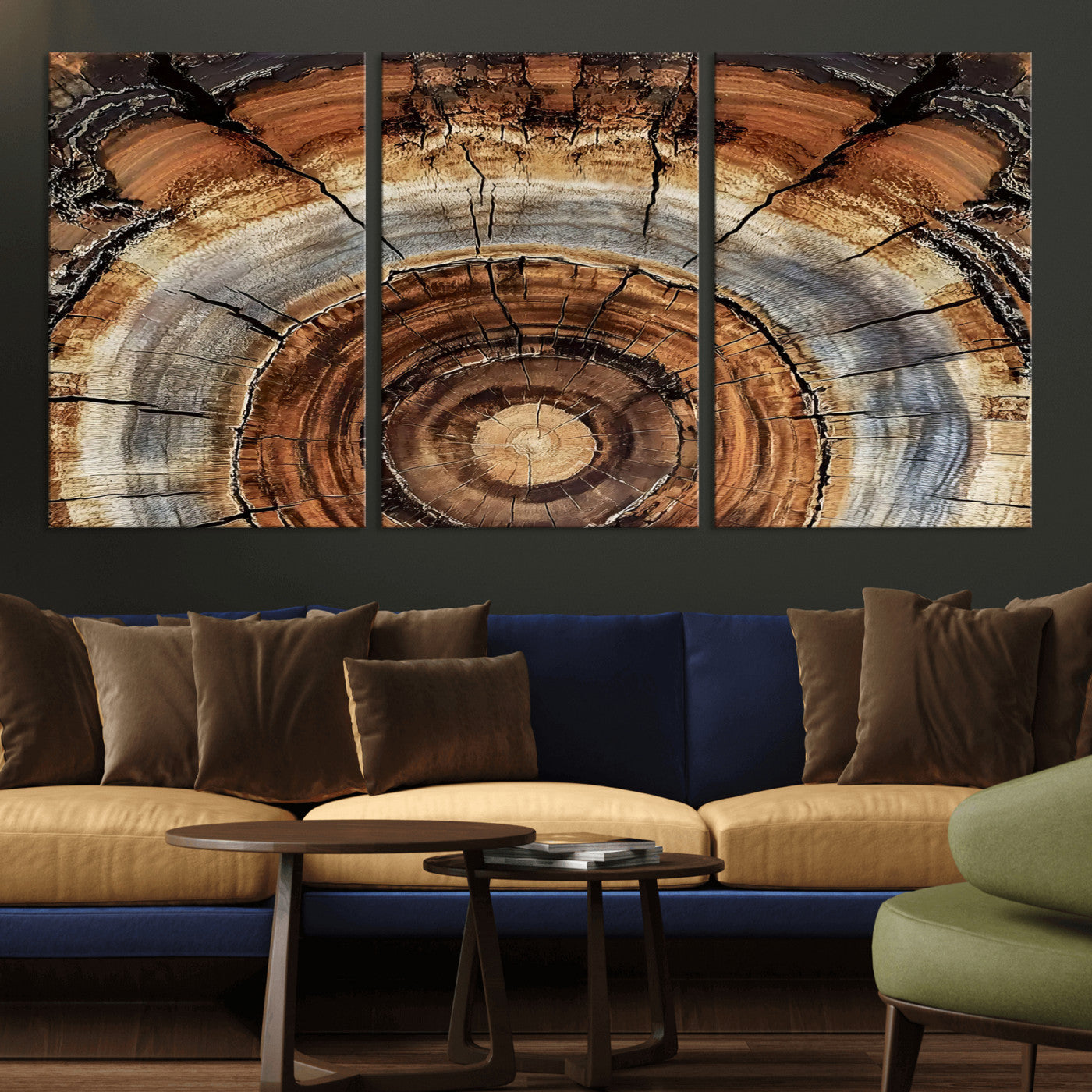 -Tree Rings Wall Art Canvas Print, Framed Wood Texture Art Picture Print, Rustic Pattern Perfect Rustic Organic Decor Artwork
