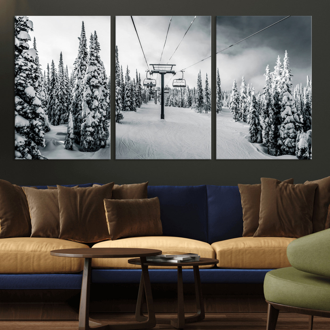 31156828-MGV-CV-36X24-Snowy Pines Wall Art Canvas Print – Framed Ski Lift Winter Forest Snowy Landscape Moody Lodge Artwork for Home, Office