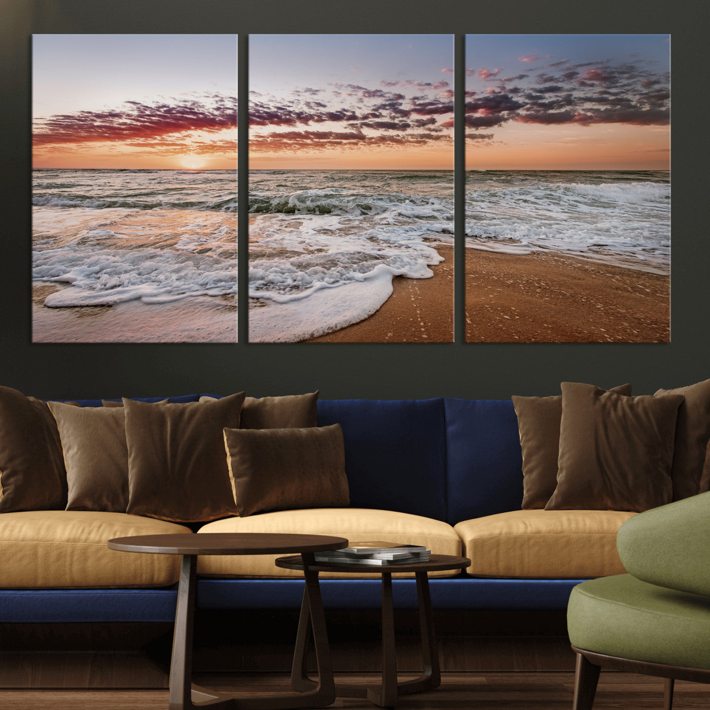 39846389-MGV-CV-36X24-Ocean Sunset Wall Art Canvas Print – Framed Sandy Shore Gentle Waves Coastal Landscape Minimalist Artwork for Home, Office