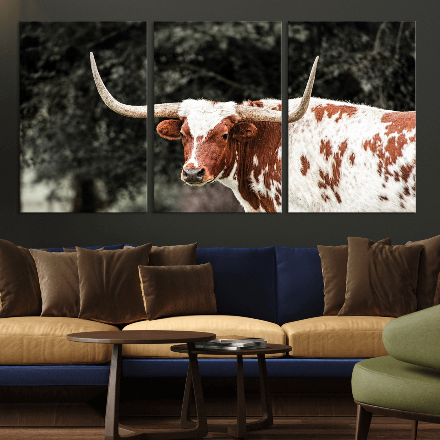 54027638-MGV-CV-36X24-Texas Longhorn Wall Art Canvas Print – Framed Spotted Bull Horned Cattle Rustic Western Decor Artwork for Home, Office