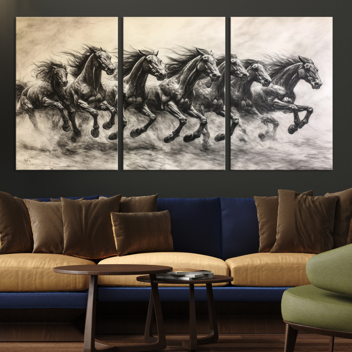 -Galloping Horses Wall Art Canvas Print, Framed Wild Stallions Art Picture Print, Horse Herd Sketch