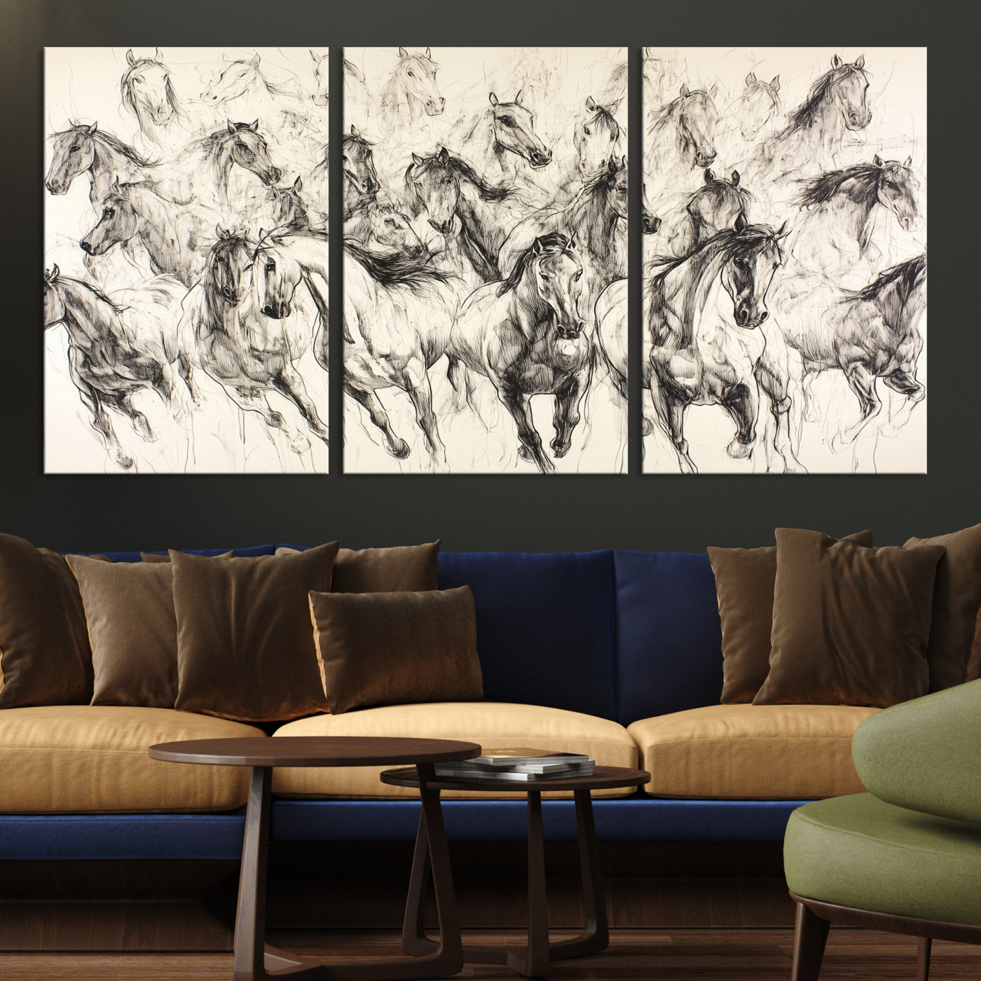 19433417-MGV-CV-36X24-Running Horses Wall Art Canvas Print – Framed Galloping Herd Dynamic Equestrian Sketch Nature Artwork for Home Office