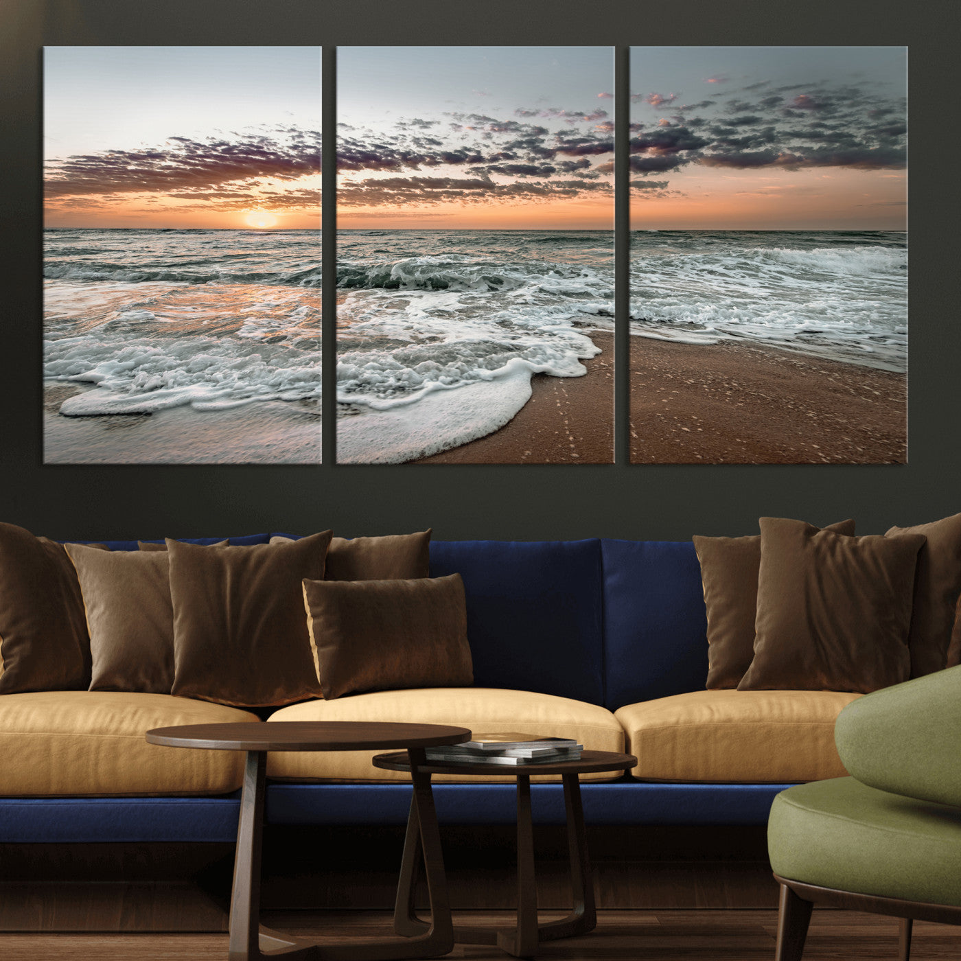 40632752-MGV-CV-36X24-Ocean Sunset Wall Art Canvas Print – Framed Beach Waves Scene with Coastal Artwork for Home, Office, Living Room
