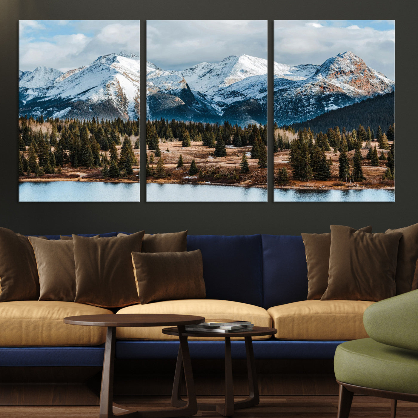 -Snowy Peaks Wall Art Canvas Print, Framed Alpine Lake Art Picture Print, Pine Forest Perfect Alpine