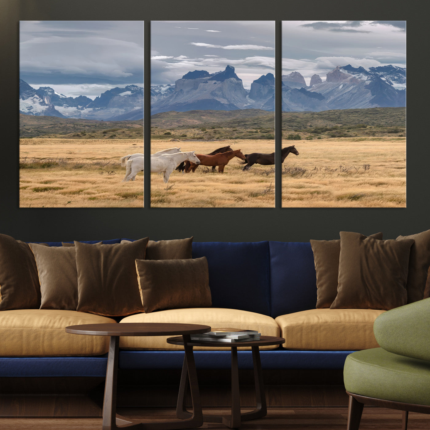 69960232-MGV-CV-36X24-Horses Grazing Wall Art Canvas Print – Framed Mountain Field Scenic Landscape Cloudy Sky Nature Artwork for Home Office