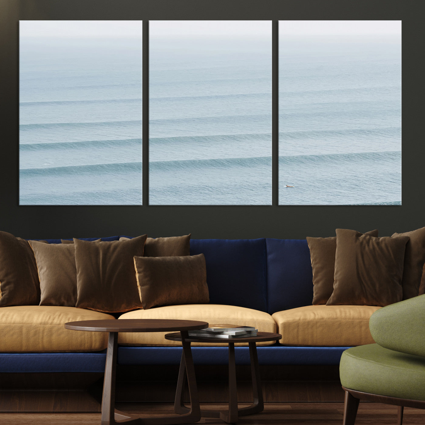 -Ocean Waves Wall Art Canvas Print, Framed Solo Surfer Art Picture Print, Wave Lines Perfect