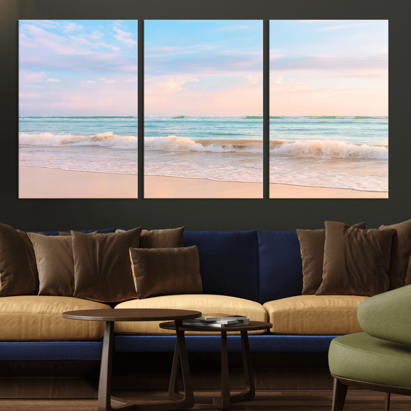 74679437-MGV-CV-36X24 - Serene Waves Wall Art – Golden Shore & Soft Pastel Sky Canvas Print, Gentle Ocean and Peaceful Sunset for Living Room or Office