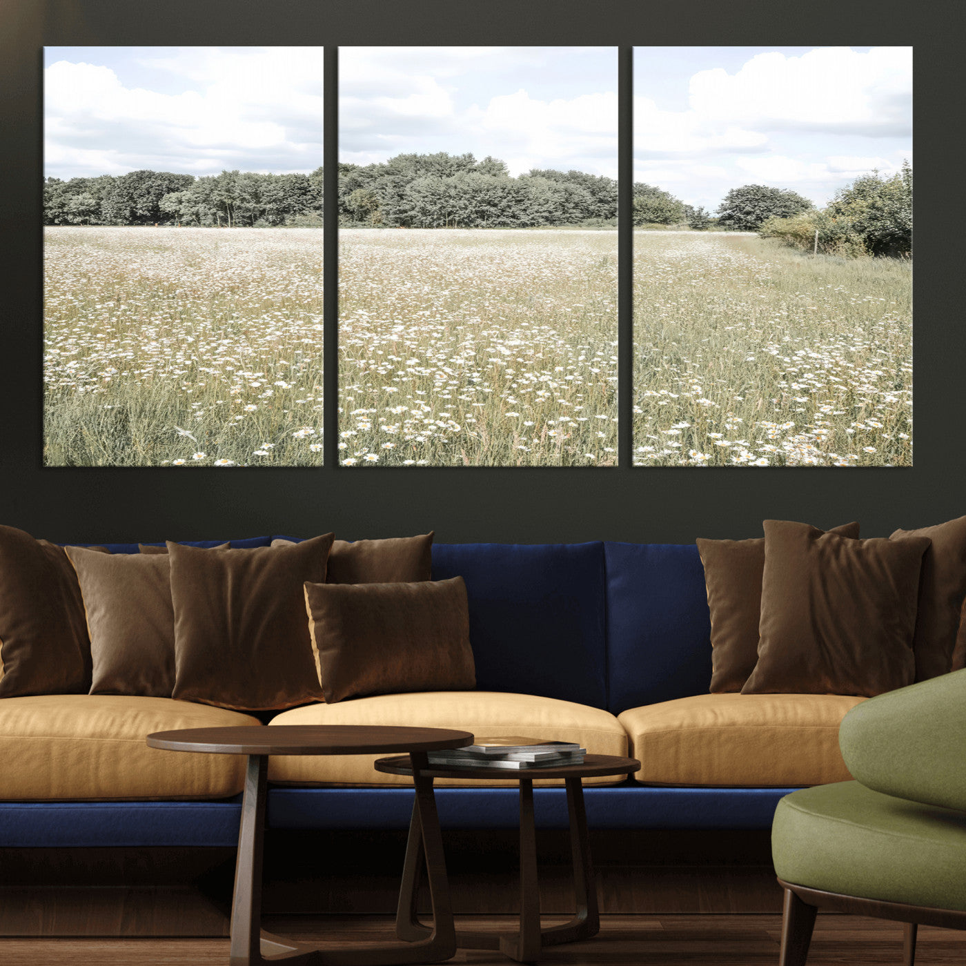 43258946-MGV-CV-36X24-Charming Daisy Field Wall Art Canvas Print – Framed Pastel Flower Meadow Bloom Scandinavian Minimal Artwork for Home Office