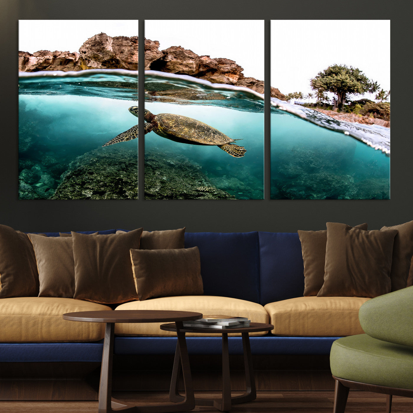 -Sea Turtle Wall Art Canvas Print, Framed Ocean Life Art Picture Print, Tropical Perfect Coastal