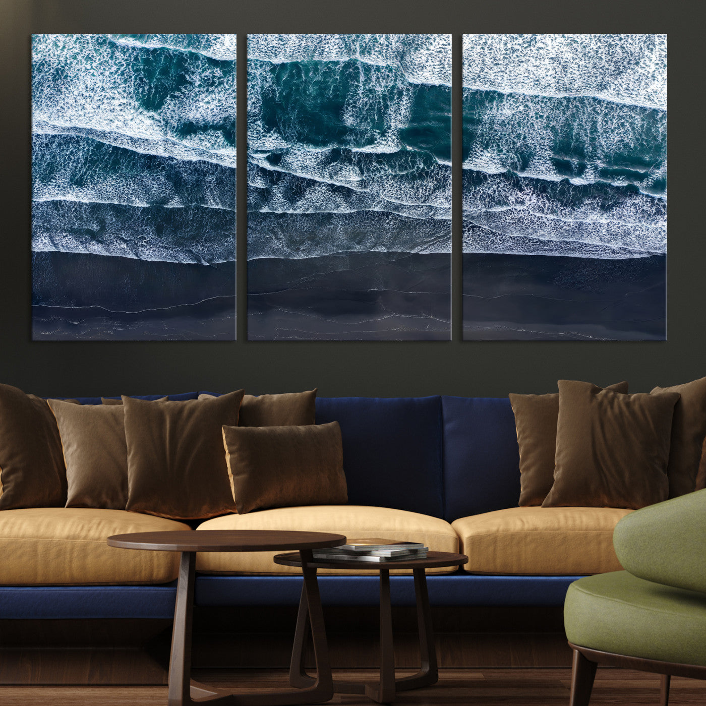 87941475-MGV-CV-36X24-Black Beach Wall Art Canvas Print – Framed Aerial Ocean View Moody Coastal Seascape Nature Artwork for Home Office