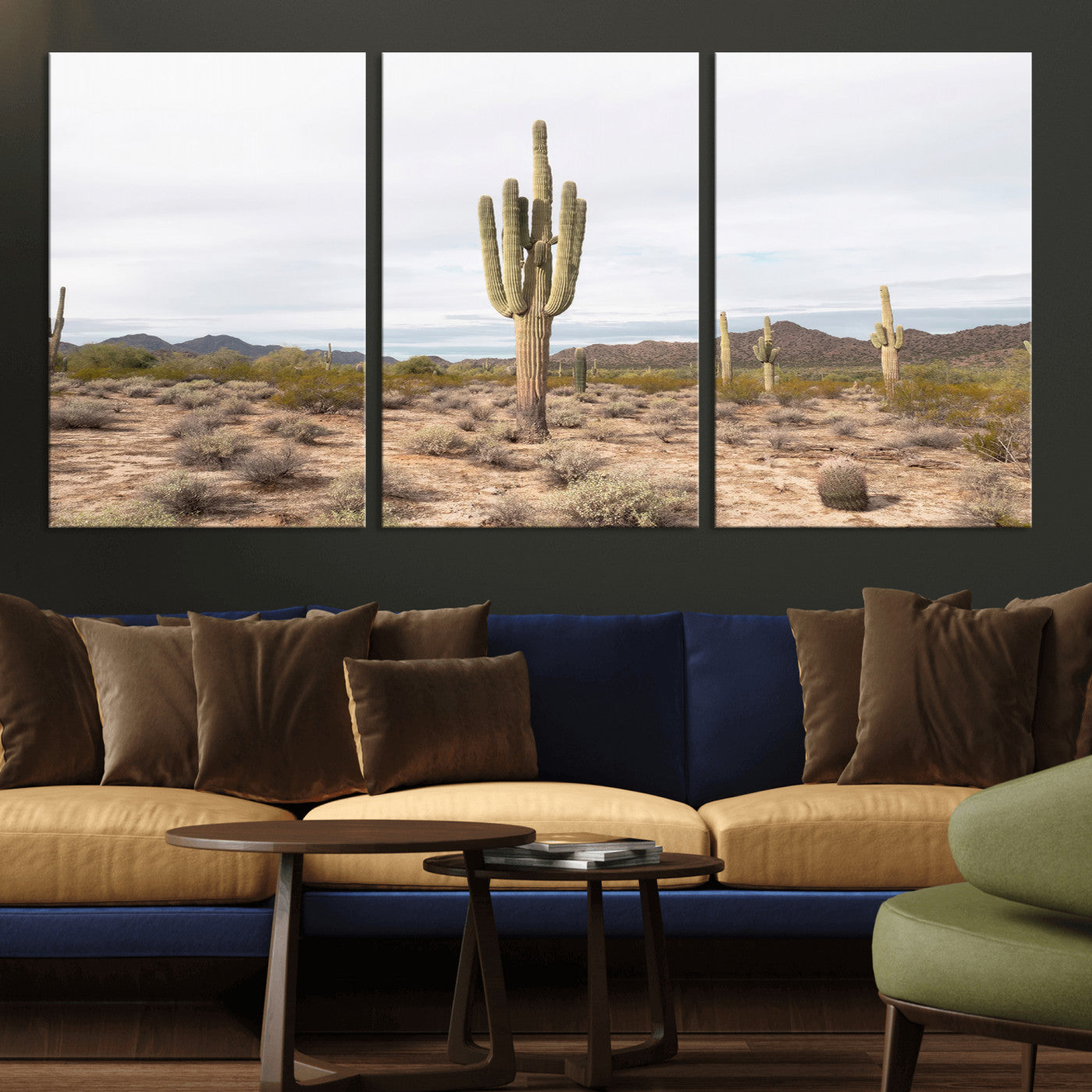 MGV-CV-60X30-3P - Saguaro Cactus Wall Art Canvas Print, Framed Desert Cactus Art Picture Print, Earthy Desert Perfect Southwestern Boho Decor Artwork
