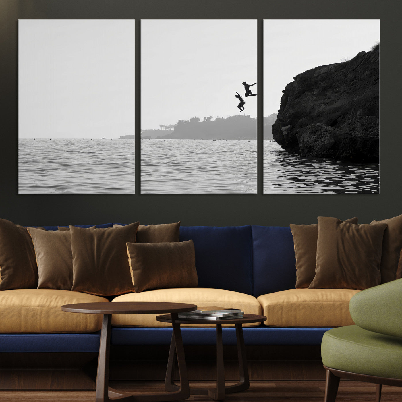 52284302-MGV-CV-36X24-Jumping Wall Art Canvas Print – Framed Coastal Ocean Scene Artwork for Relaxing Beach Home, Office Decor