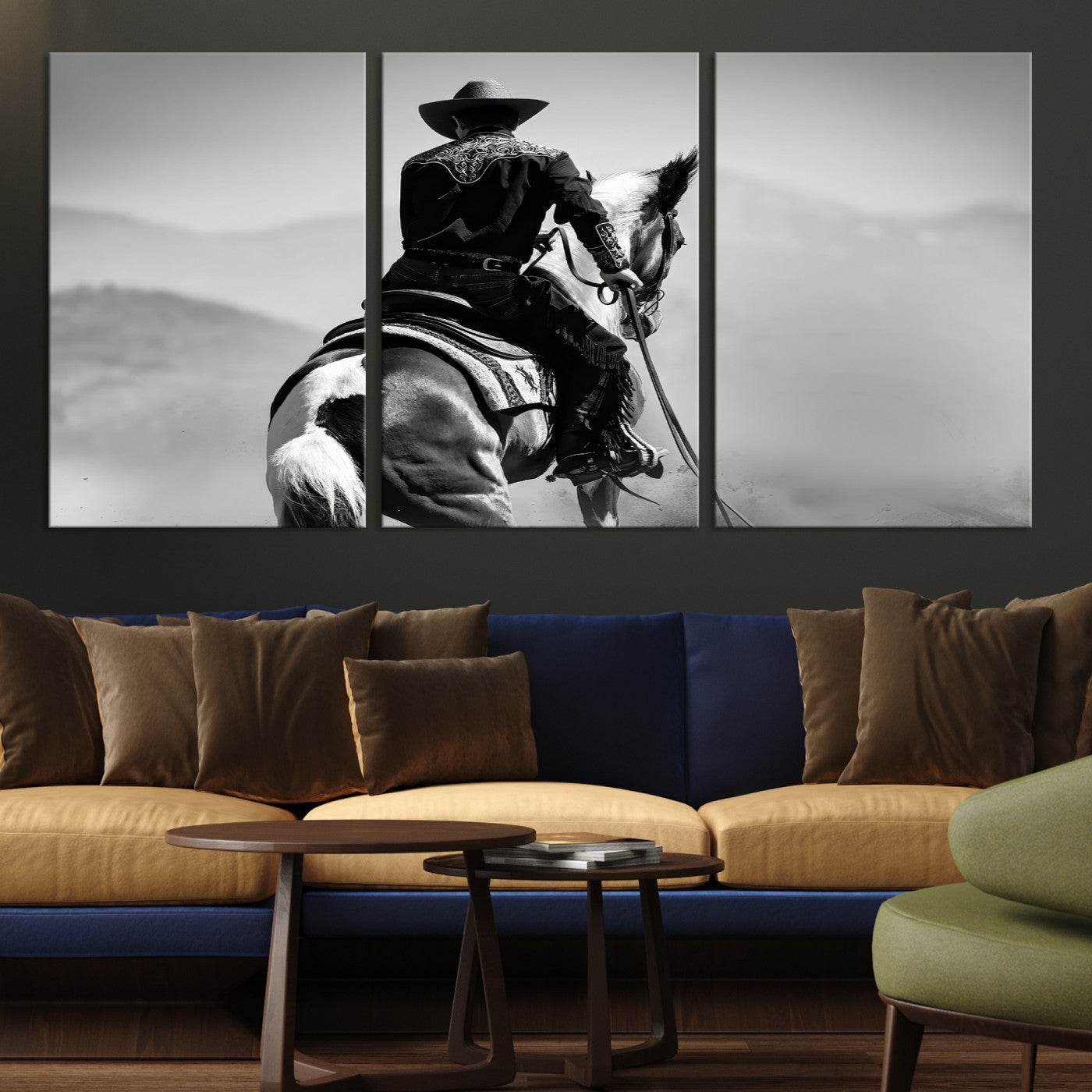 83102464-MGV-CV-36X24-Western Wall Art Canvas Print – Framed Cowboy and Horse Scene Artwork for Rustic Western Home, Office Decor