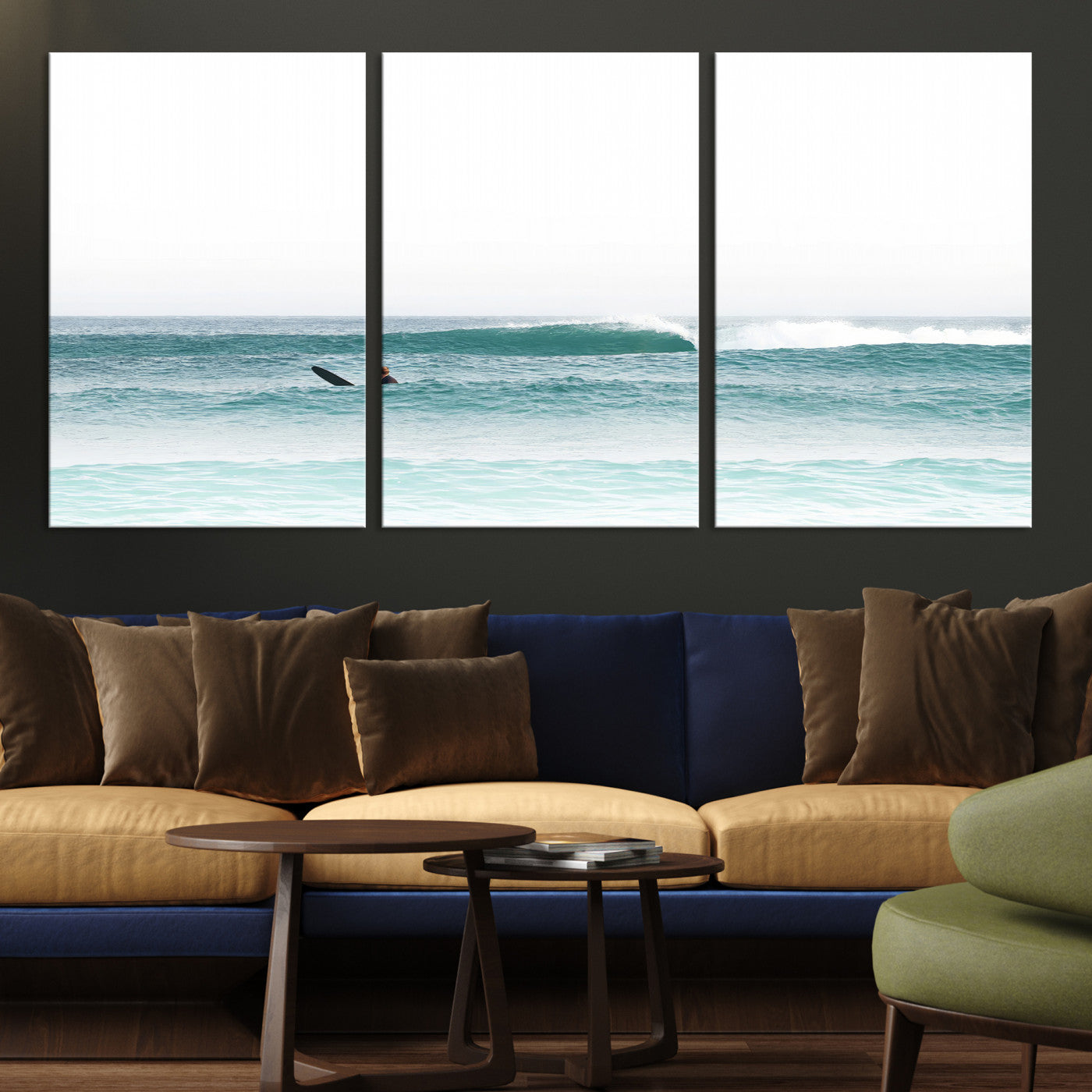 -Surfing Wall Art Canvas Print, Framed Ocean Art Picture Print, Waves Perfect Minimalist Decor for Living Room, Bedroom or Office
