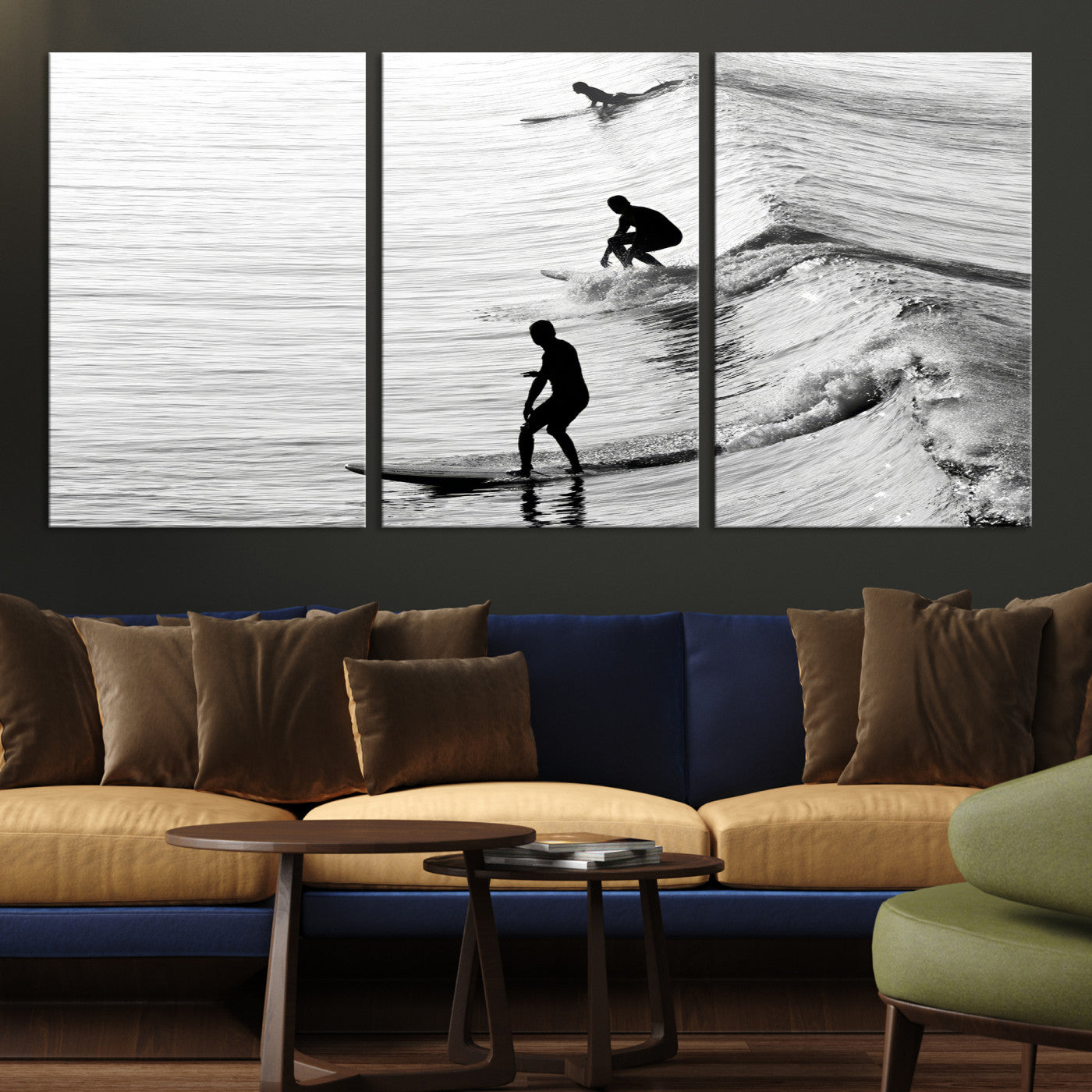 -Surfers on Waves Wall Art Canvas Print, Framed Black White Surf Art Picture Print, Monochrome Ocean