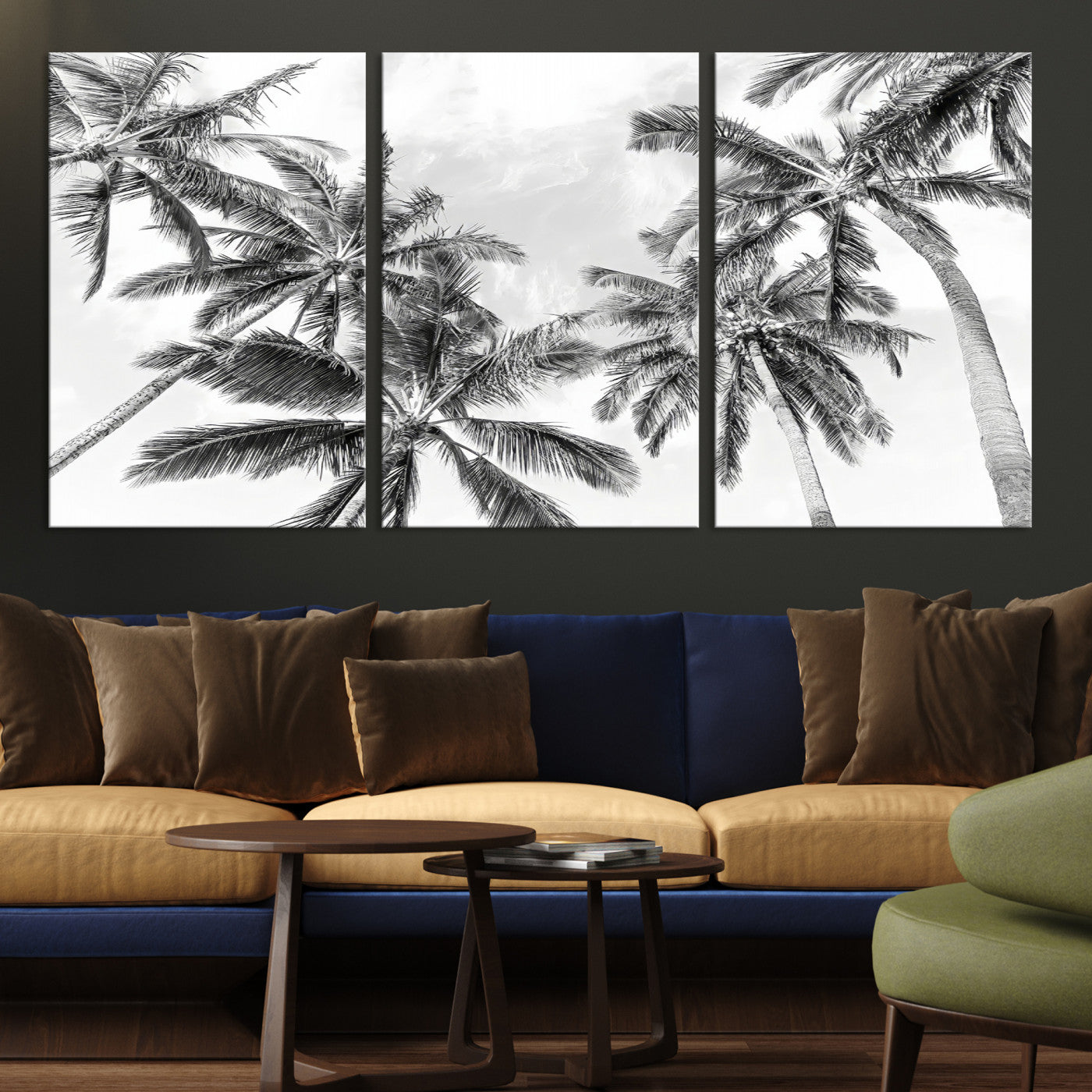 62113786-MGV-CV-36X24-Black and White Palm Wall Art Canvas Print – Framed Monochrome Tropical Beach Scene Artwork for Modern Home, Office Decor