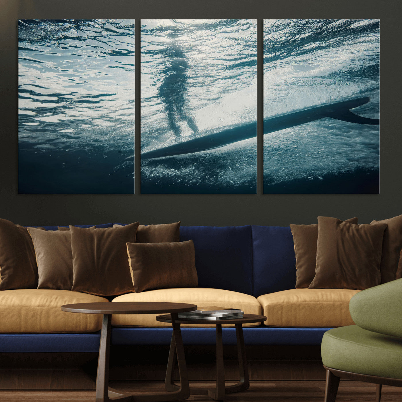 MGV-CV-60X30-3P - Submerged Surf Wall Art Canvas Print, Framed Underwater Perspective Art Picture Print, Ocean Surf Perfect Coastal Adventure Decor Artwork