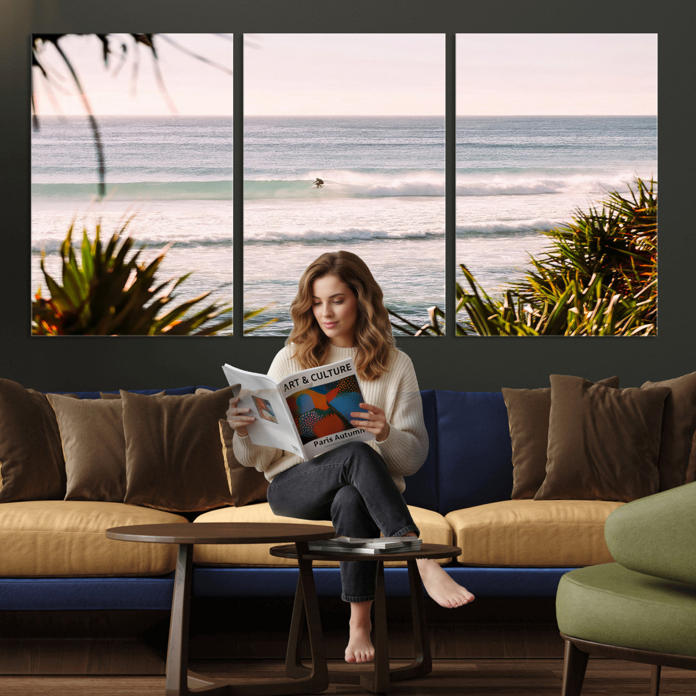 23287092-MGV-CV-36X24 - Ocean Surfer Wall Art Canvas Print | Framed Coastal Surf Art Picture Tropical Beach Artwork for Home Office
