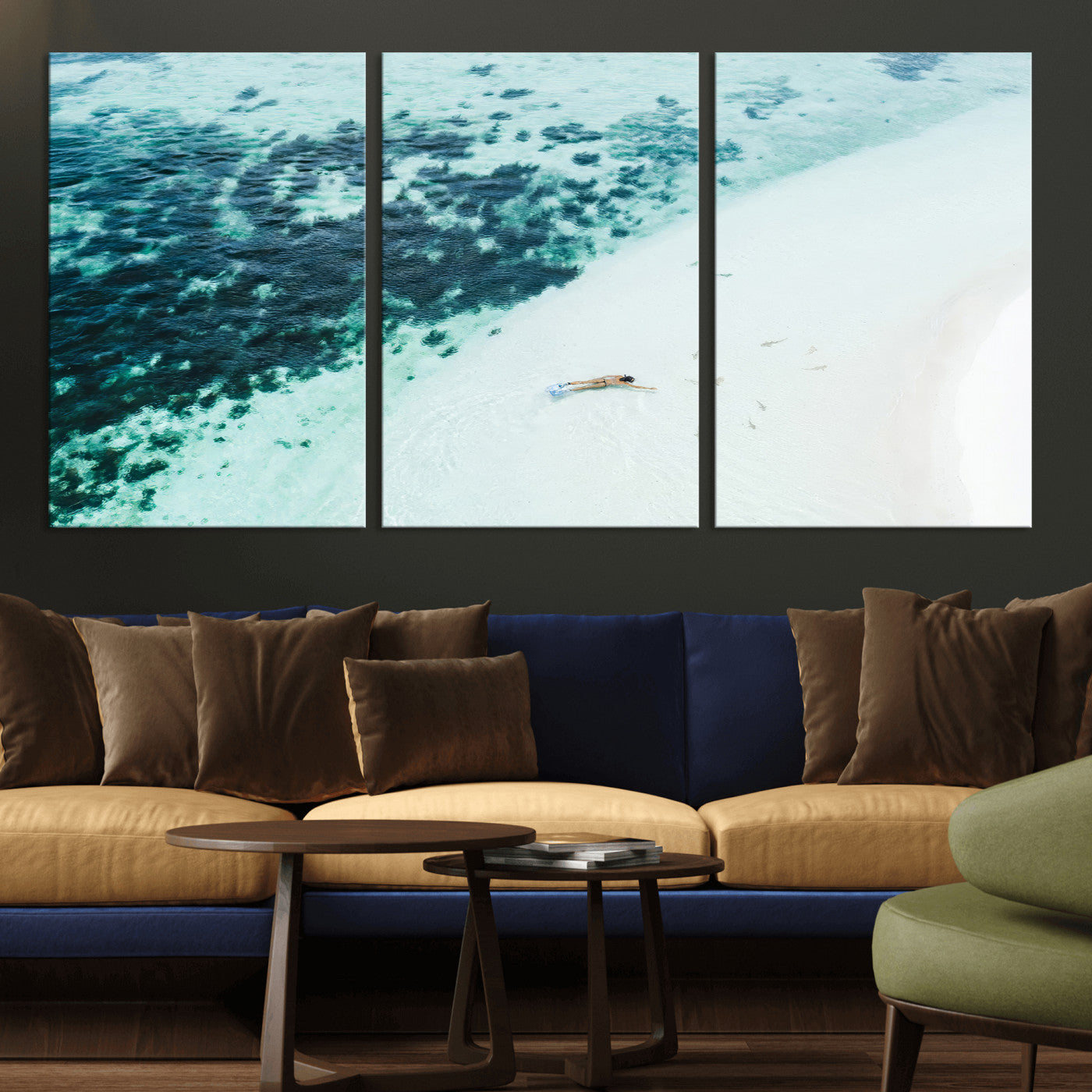 33764764-MGV-CV-36X24-Minimal Beach Wall Art – Framed Ocean Swimming Canvas Artwork, Clear Blue Sea Design, Modern Coastal Decor for Home, Office