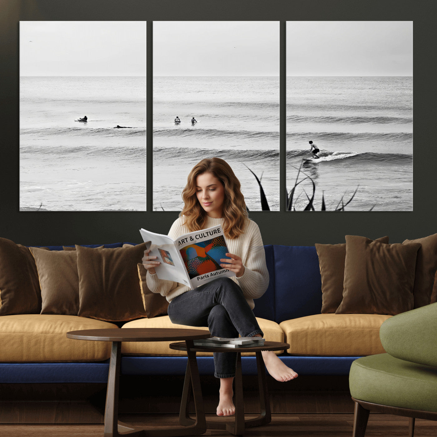 33821421-MGV-CV-36X24 - Surfer Silhouette Wall Art Canvas Print, Framed Calm Ocean Art Picture Print, Monochrome Surf Minimalist Coastal Decor Artwor