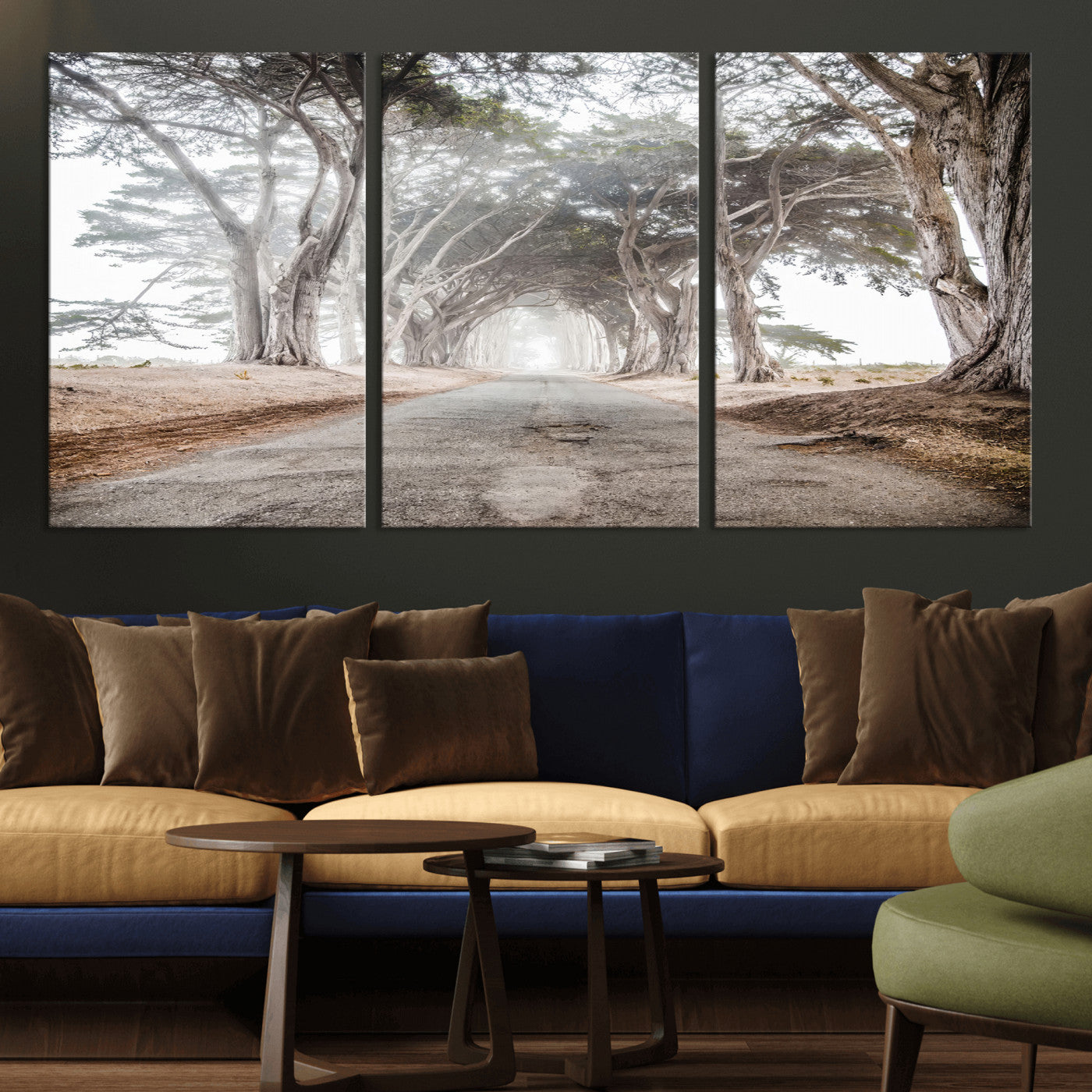 87090469-MGV-CV-36X24-Cypress Tunnel Wall Art – Framed Misty Road Canvas Artwork, Foggy Trees Design, Rustic Woodland Nature Decor for Home, Office