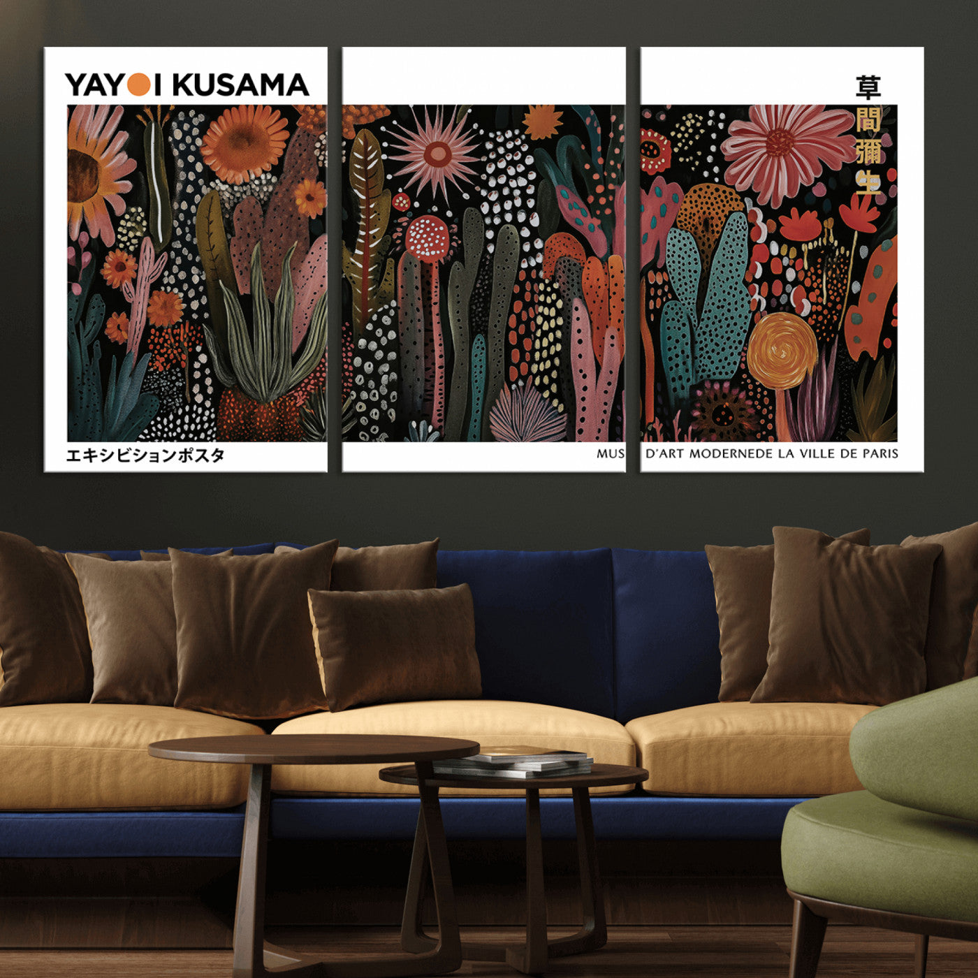 70632622-MGV-CV-36X24-Modern Japanese Wall Art Canvas Print – Framed Abstract Mount Fuji Scene with Yayoi Kusama Artwork for Home, Office