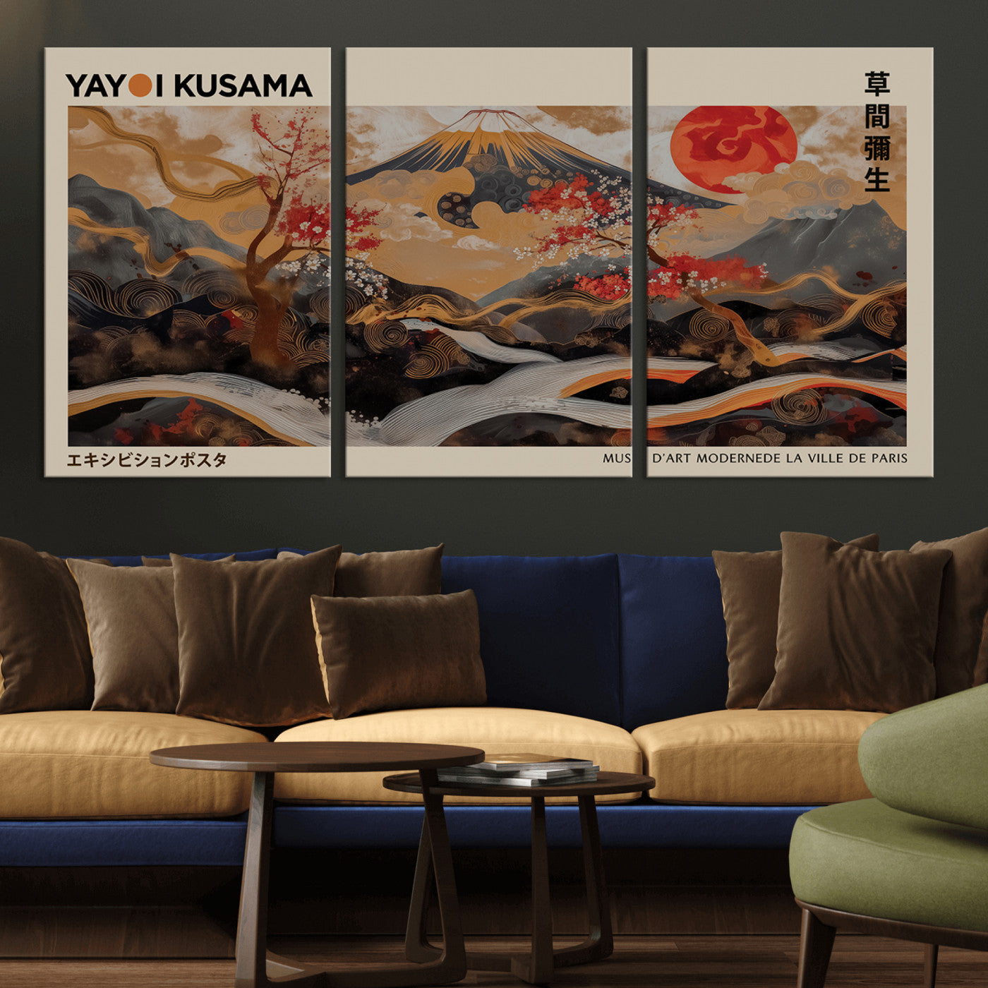 77970791-MGV-CV-36X24-Modern Japanese Wall Art Canvas Print – Framed Abstract Mount Fuji Scene with Yayoi Kusama Artwork for Home, Office