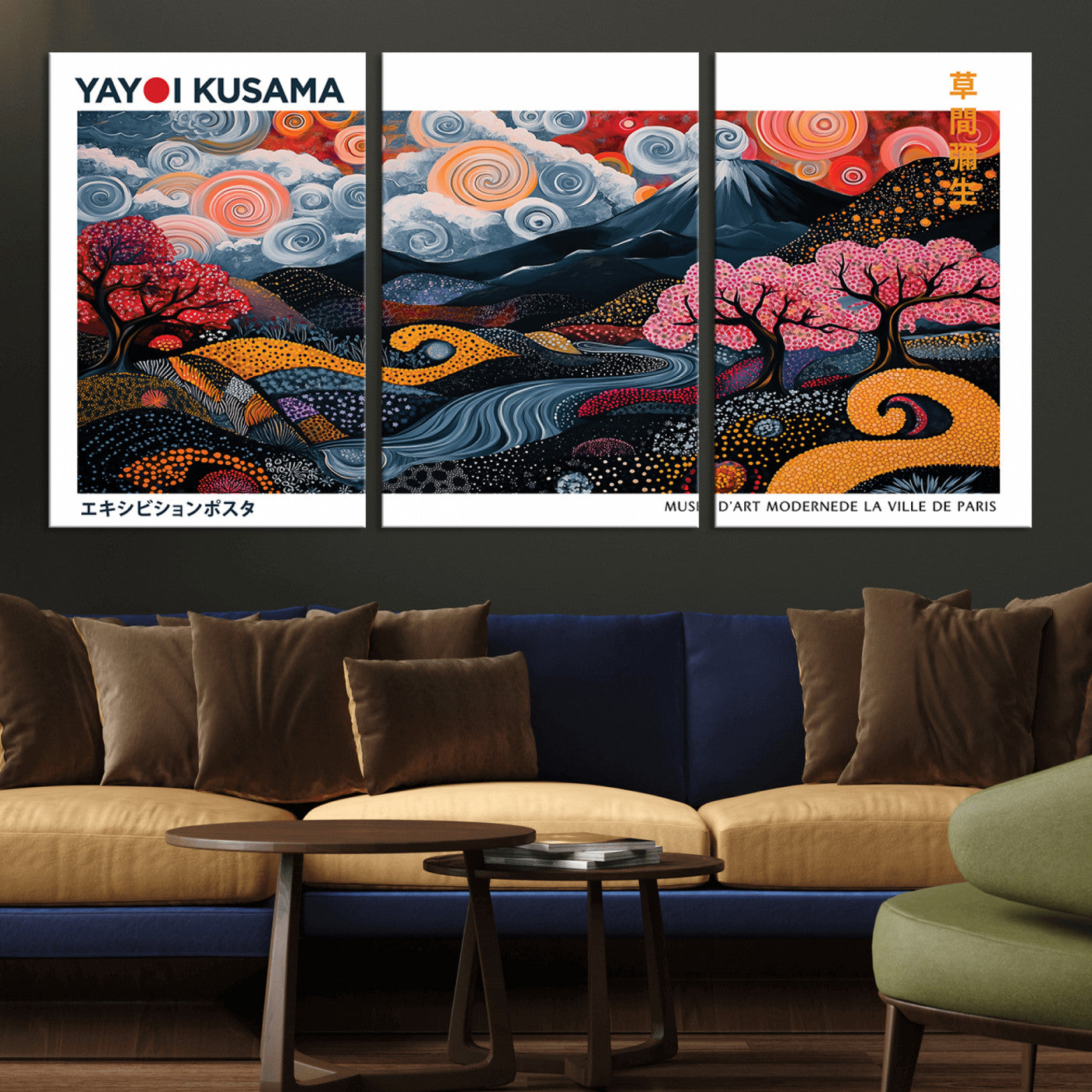 43879290-MGV-CV-36X24-Modern Japanese Wall Art Canvas Print – Framed Abstract Mount Fuji Scene with Yayoi Kusama Artwork for Home, Office