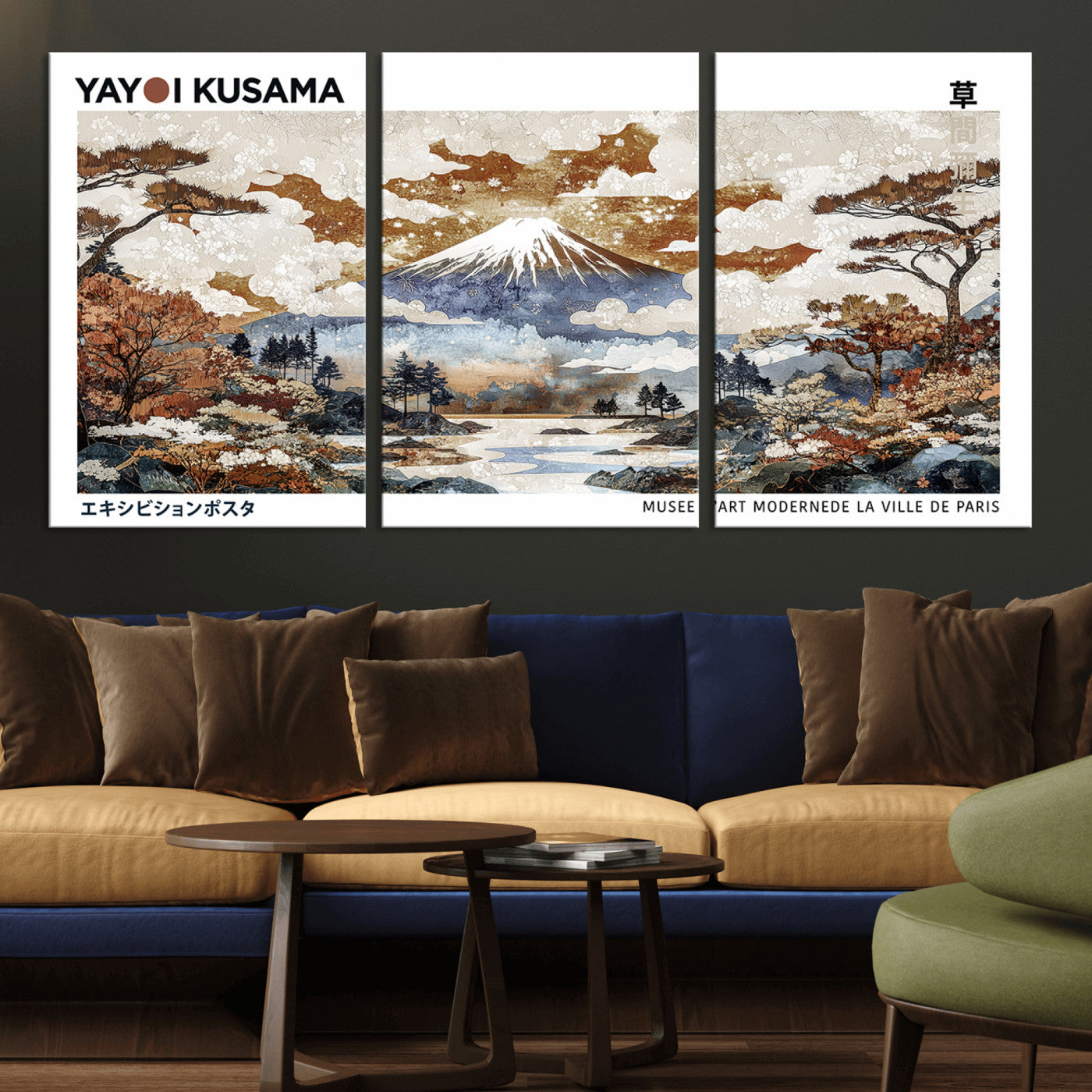 80111817-MGV-CV-36X24-Modern Japanese Wall Art Canvas Print – Framed Abstract Mount Fuji Scene with Yayoi Kusama Artwork for Home, Office