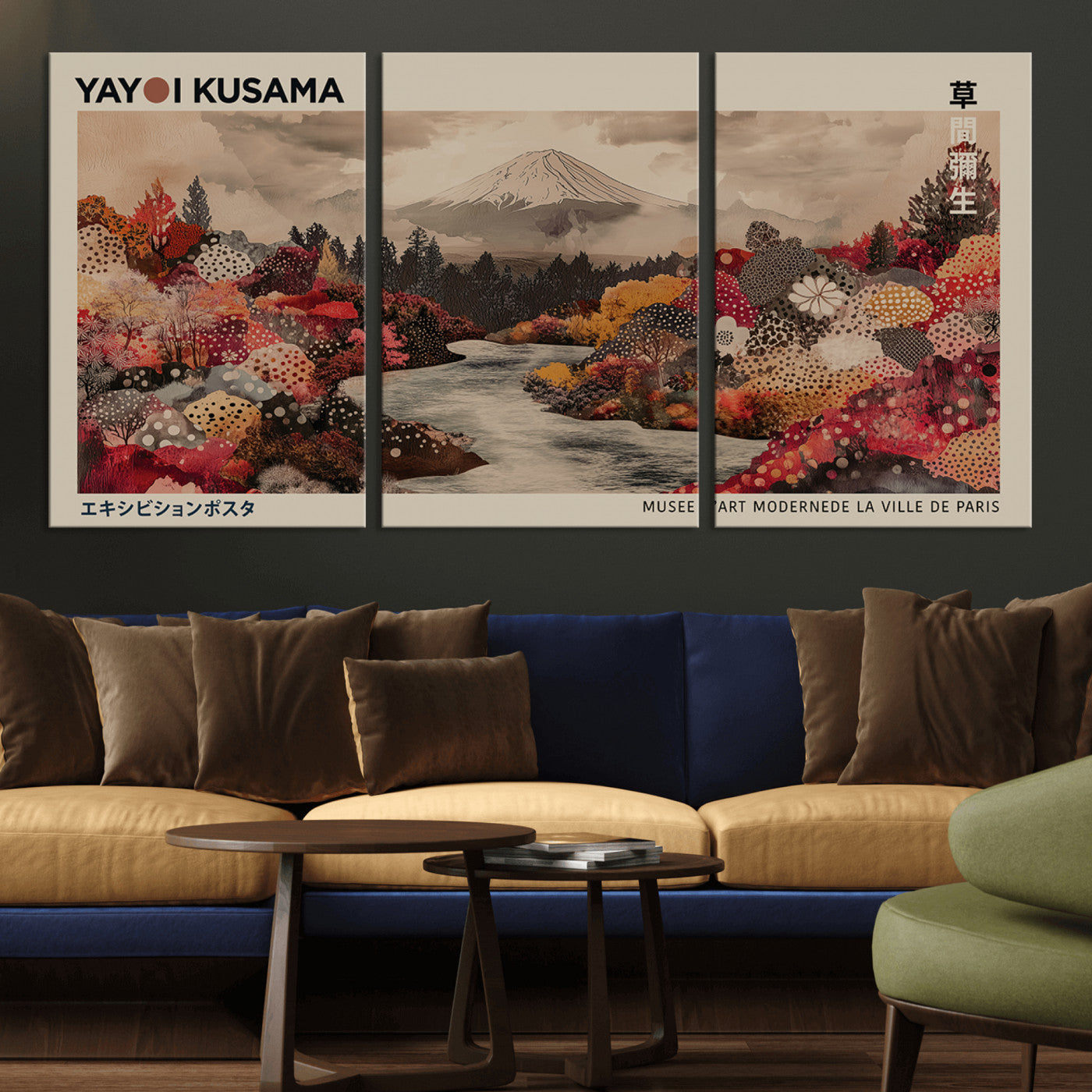 90660838-MGV-CV-36X24-Modern Japanese Wall Art Canvas Print – Framed Abstract Mount Fuji Scene with Yayoi Kusama Artwork for Home, Office