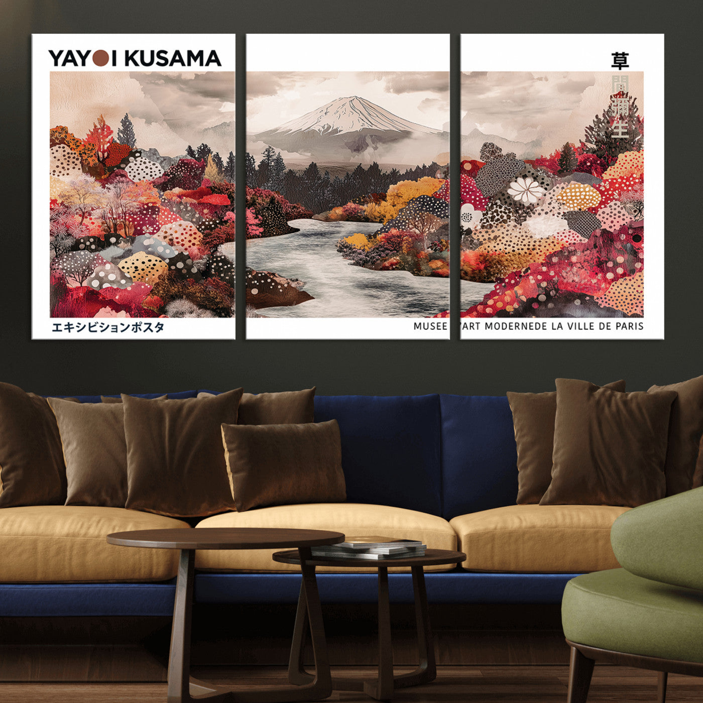 32352074-MGV-CV-36X24-Modern Japanese Wall Art Canvas Print – Framed Abstract Mount Fuji Scene with Yayoi Kusama Artwork for Home, Office