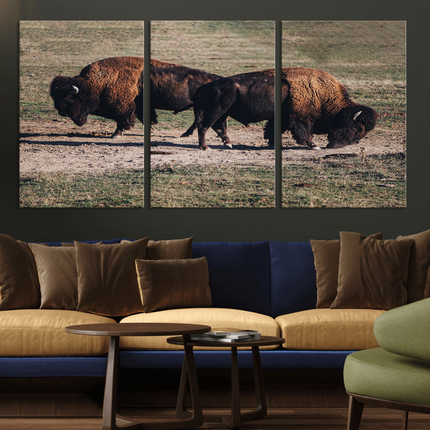 58141885-MGV-CV-36X24-Bison Wall Art Canvas Print – Framed Western Wildlife Modern Ranch Rustic Nature Scene Artwork for Home Office
