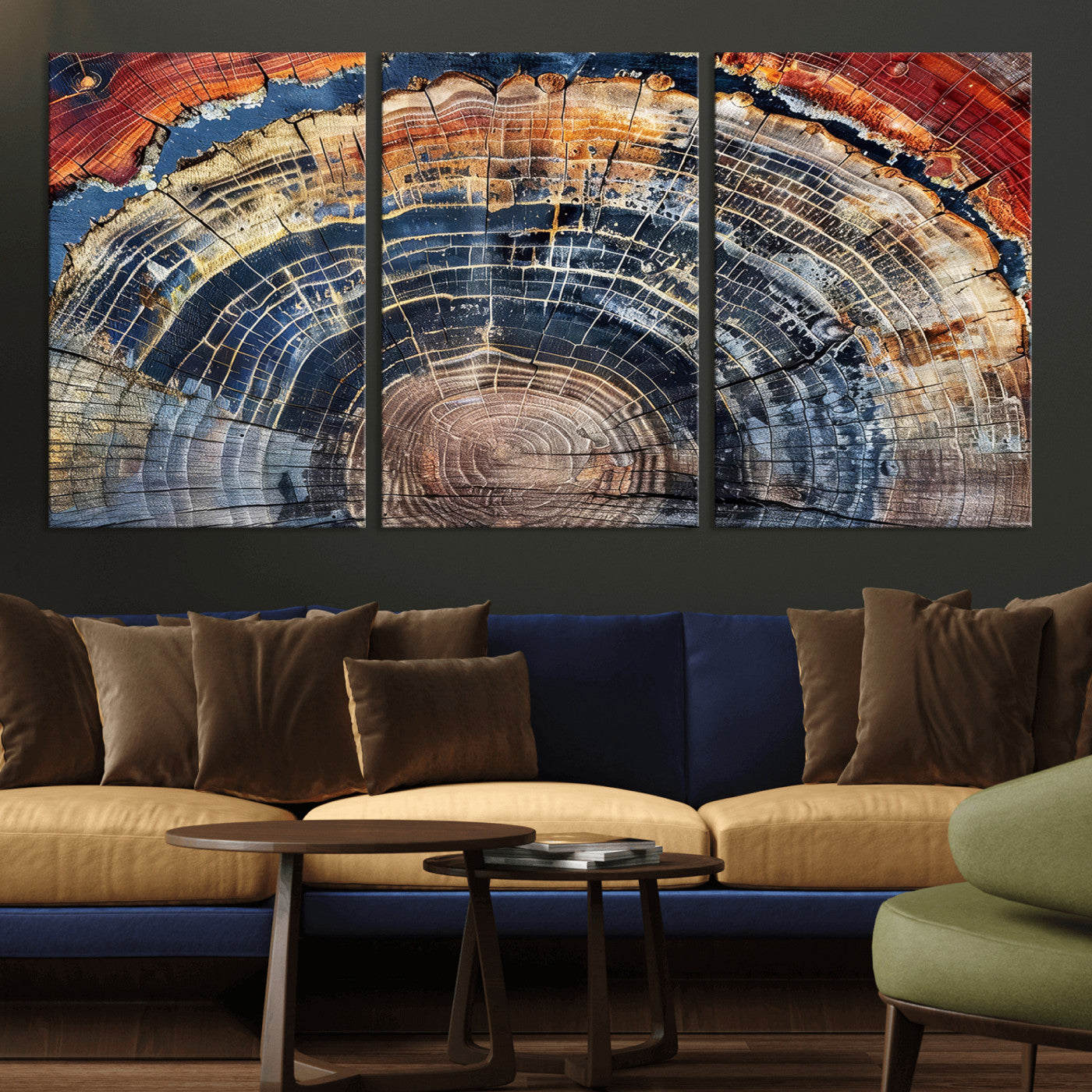 60292921-MGV-CV-60X30-3P - Vintage Tree Rings Wall Art Canvas Print – Framed Wood Art Picture Petrified Wood Artwork for Home, Office, Living Room