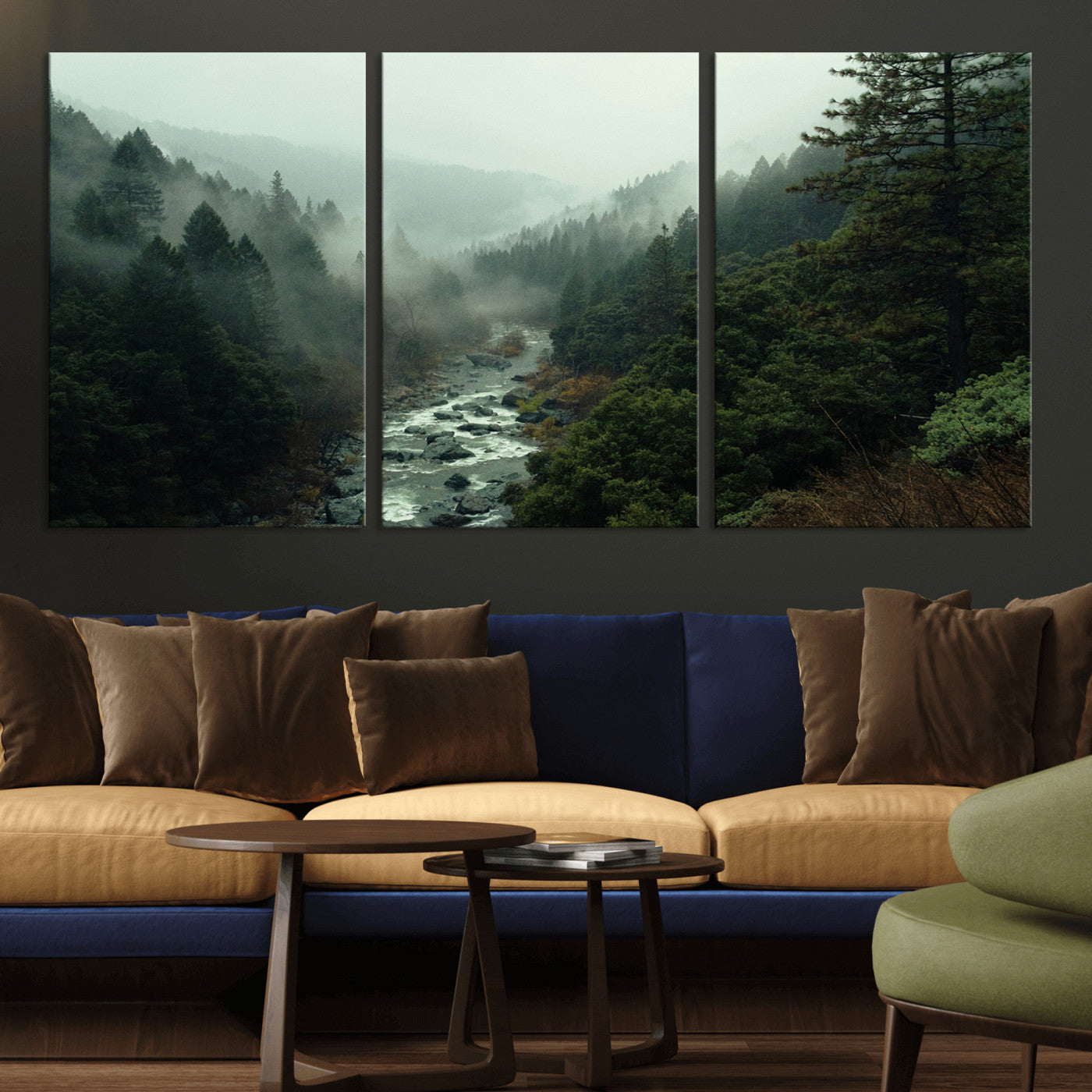 -Misty Forest Wall Art Canvas Print – Framed Foggy River Moody Landscape Wilderness Nature Scene Artwork for Home Office