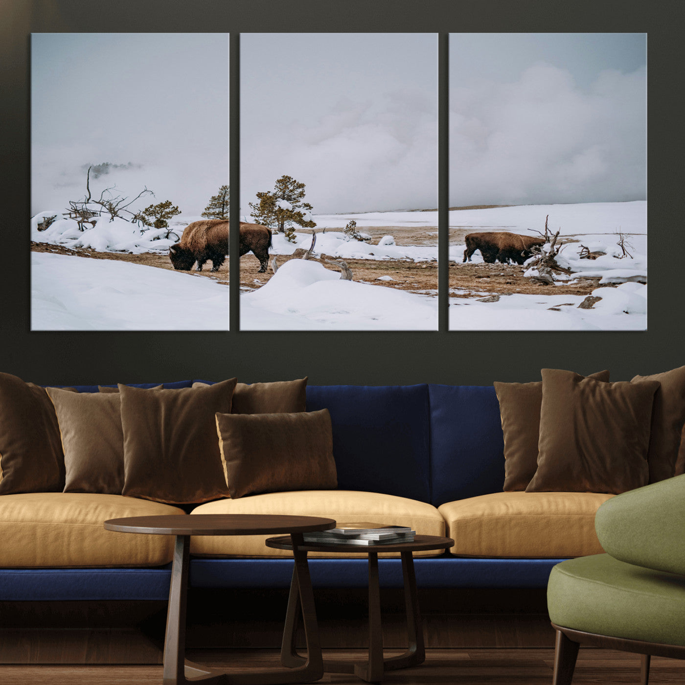 -Bison Wildlife Wall Art Canvas Print – Framed Snowy Prairie Western Rustic Nature Scene Artwork for Home Office