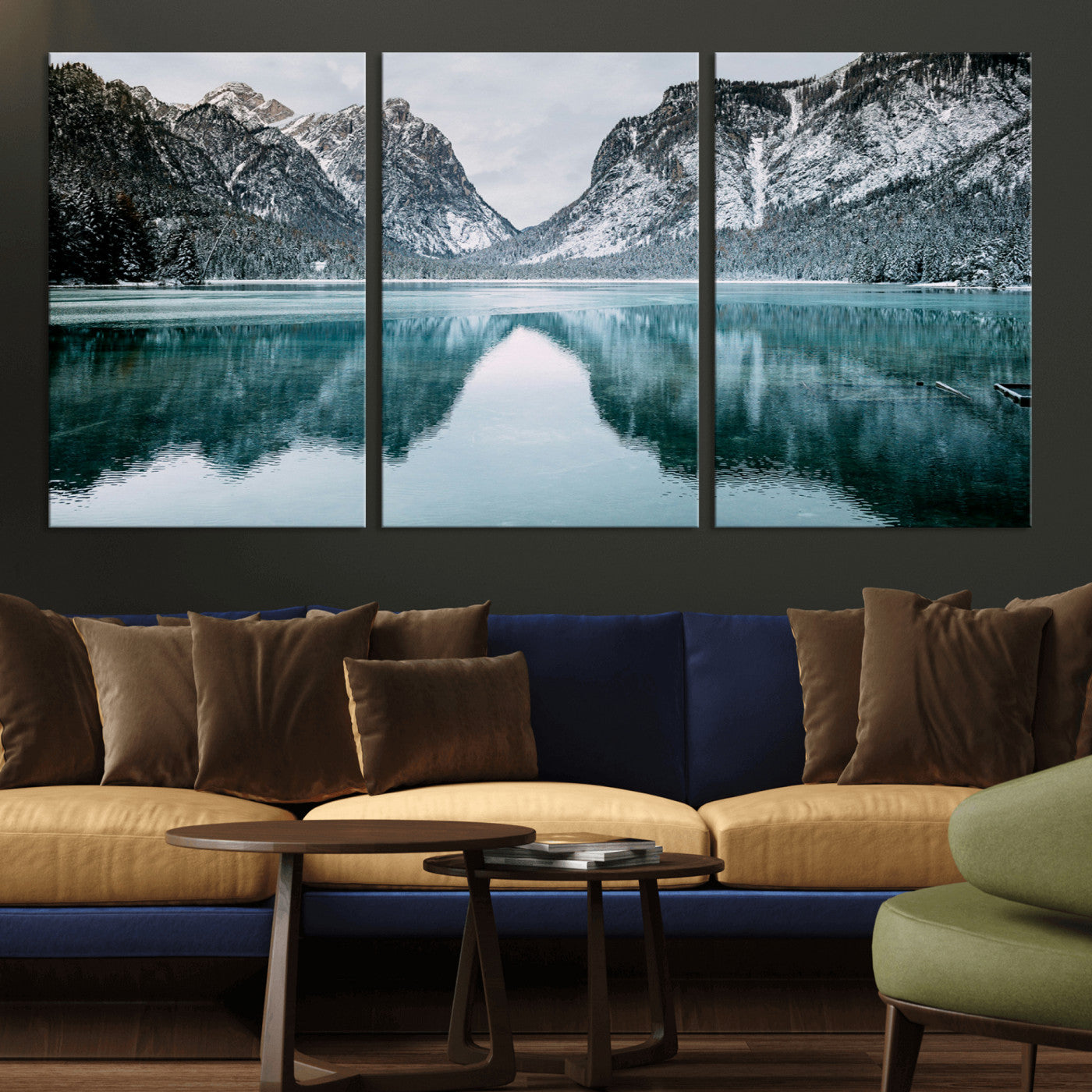 73098373-MGV-CV-36X24-Mountain Lake Wall Art Canvas Print – Framed Snowy Peaks Wonderland Nature Scene Artwork for Home Office