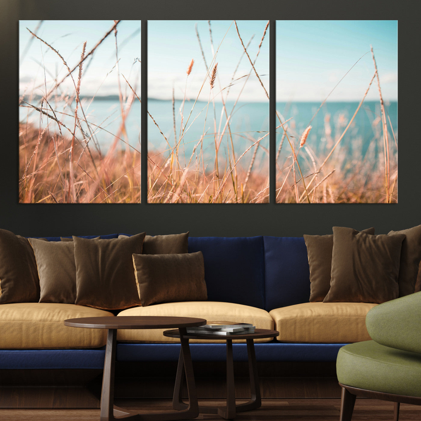 36108696-MGV-CV-36X24-Coastal Grass Landscape Wall Art Canvas Print – Golden Shoreline Nature Scene Serene Ocean View Artwork for Home Office