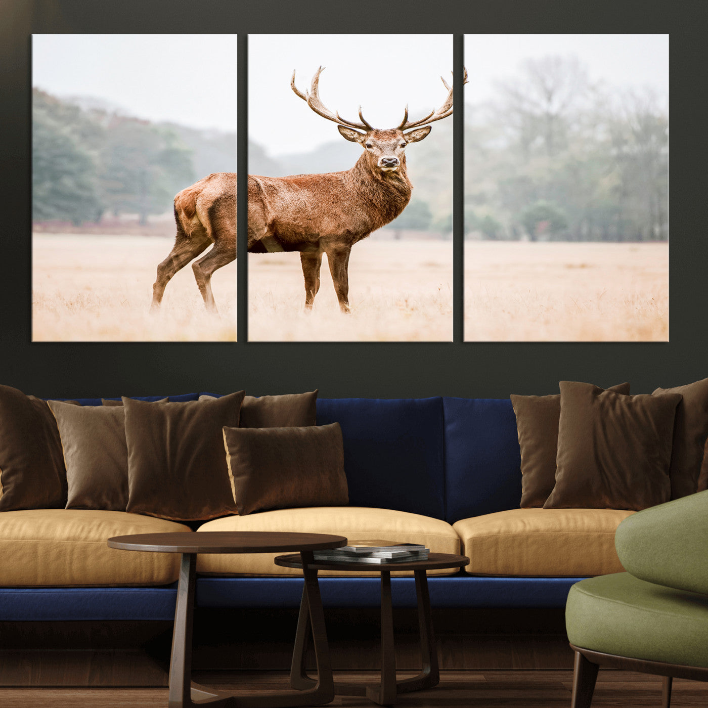 -Vintage Wildlife Wall Art Canvas Print – Misty Landscape Deer Rustic Nature Photography Artwork for Home, Office