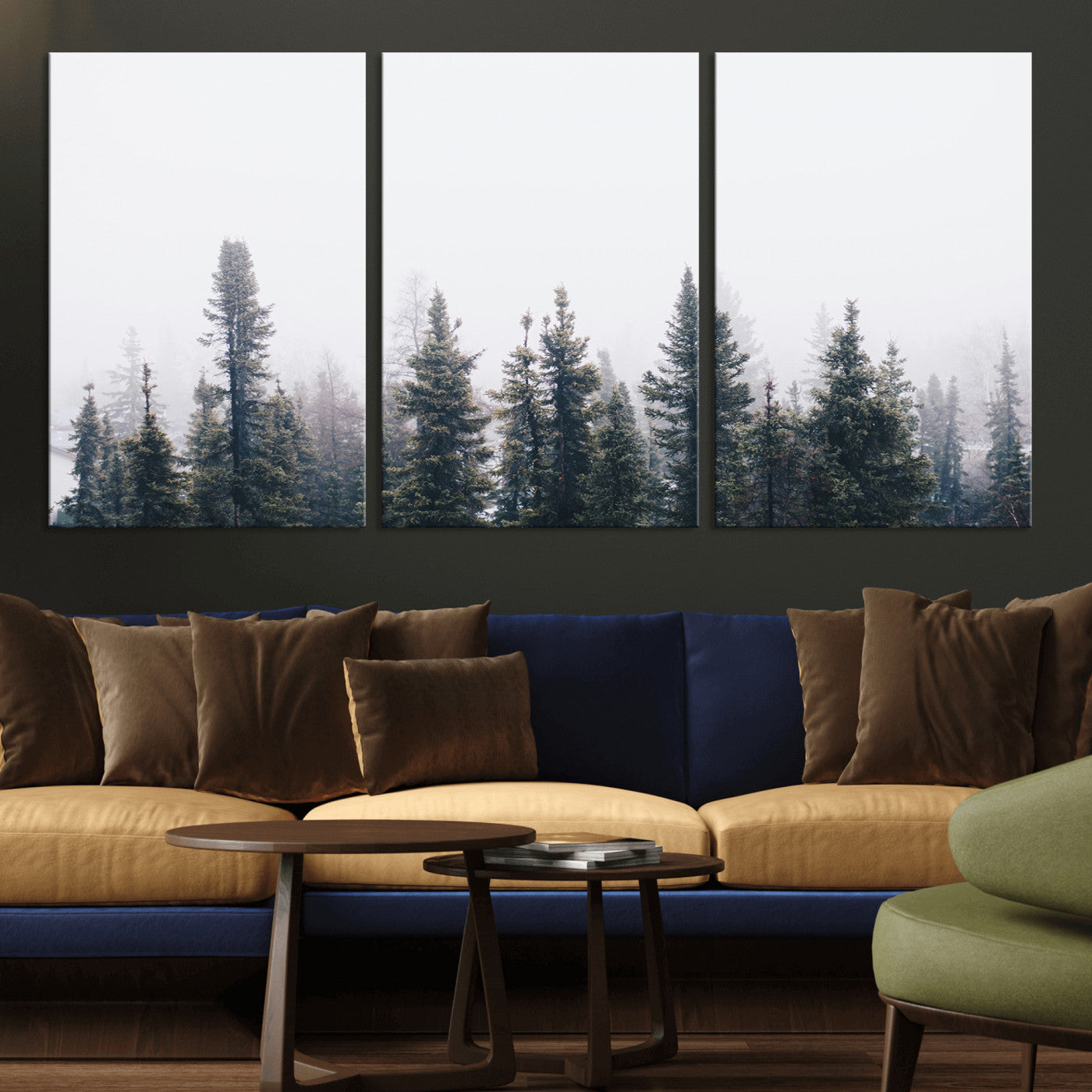 -Foggy Forest Wall Art Canvas Print – Framed Misty Pines Moody Woodland Nature Scene Artwork for Home Office