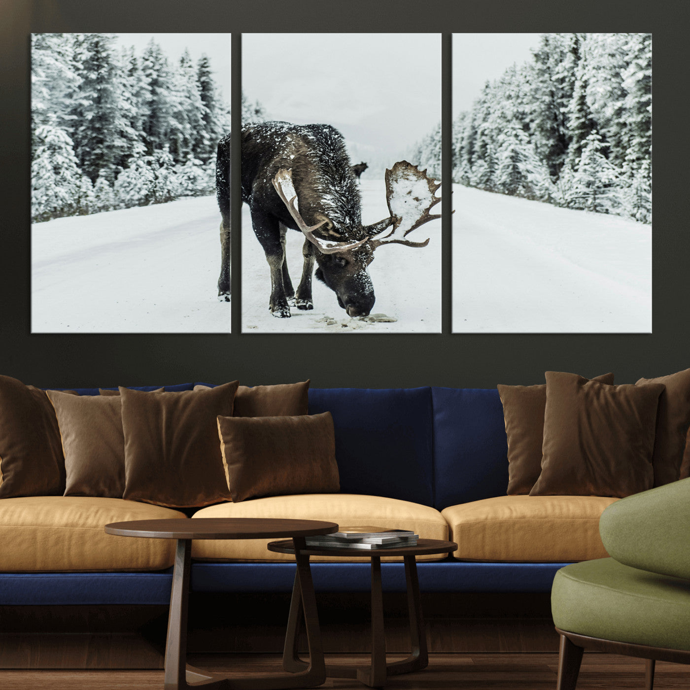 -Moose Snow Wall Art Canvas Print – Framed Winter Wildlife Snowy Forest Nature Scene Artwork for Home, Office, Living Room