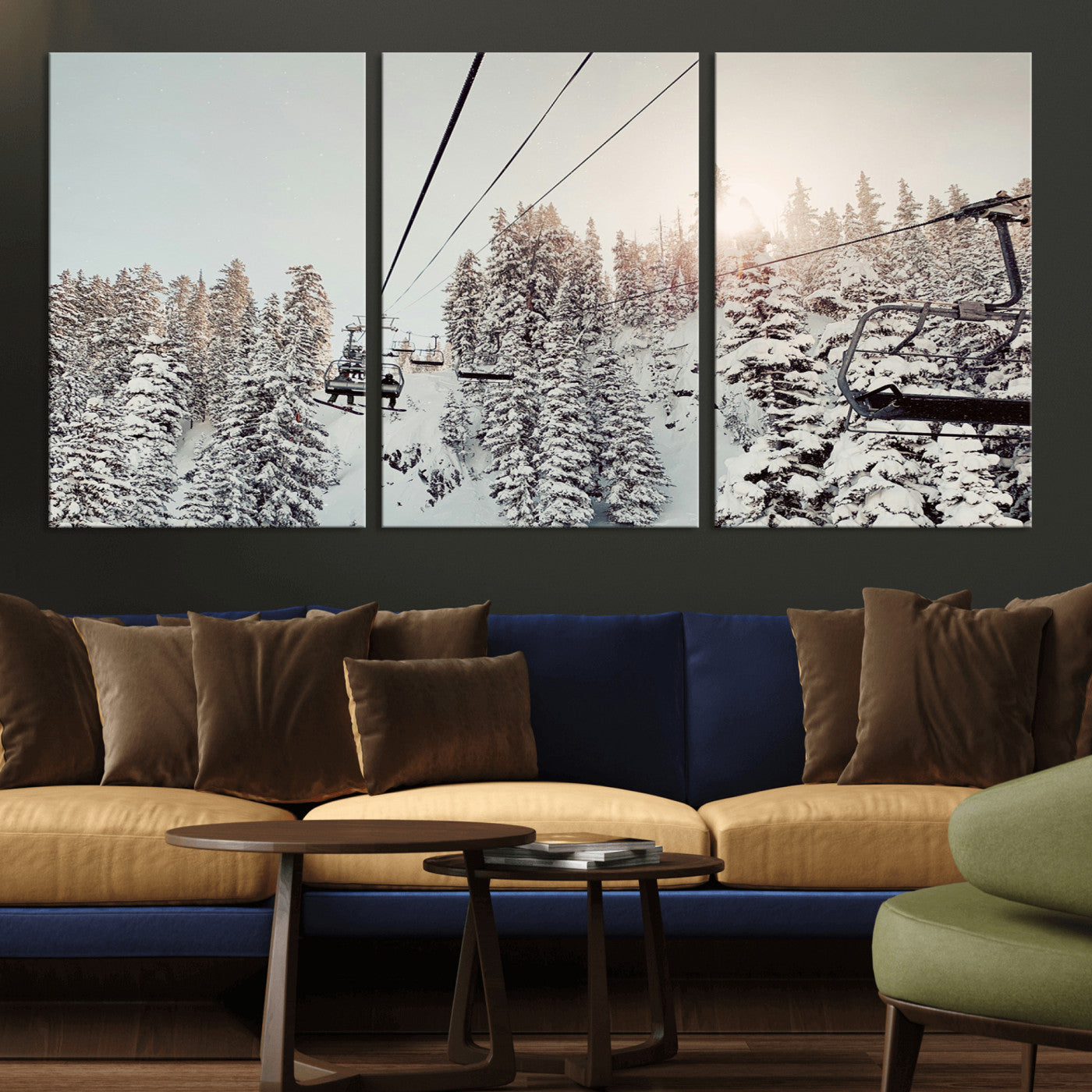 91534512-MGV-CV-36X24-Frosty Pines Wall Art Canvas Print – Framed Cozy Cabin Ski Lift Ride Winter Scene Artwork for Home Office