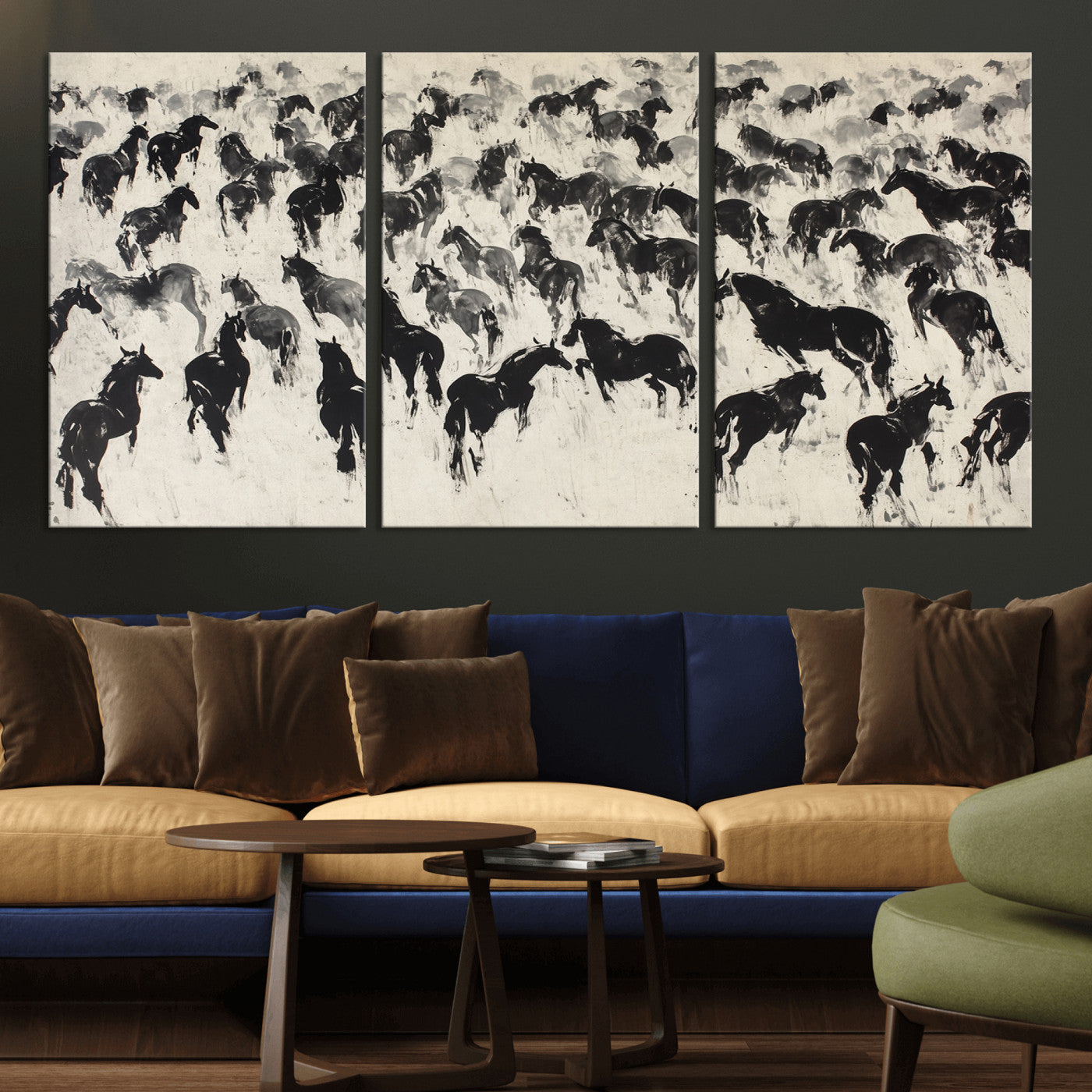 -Wild Horse Stampede Wall Art Canvas Print – Monochrome Running Horses Dynamic Motion Elegant Scene Artwork for Home, Office