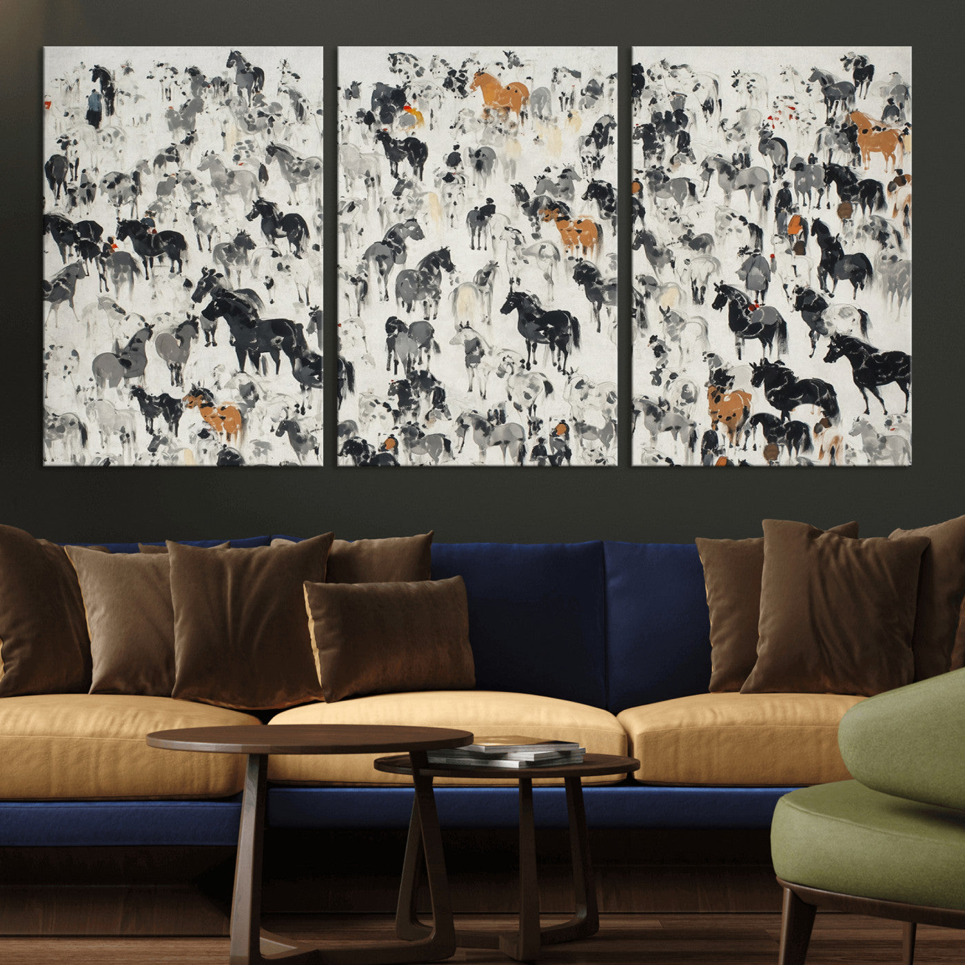 56463722-MGV-CV-36X24-Wild Horse Stampede Wall Art Canvas Print – Monochrome Running Horses Dynamic Motion Elegant Scene Artwork for Home, Office