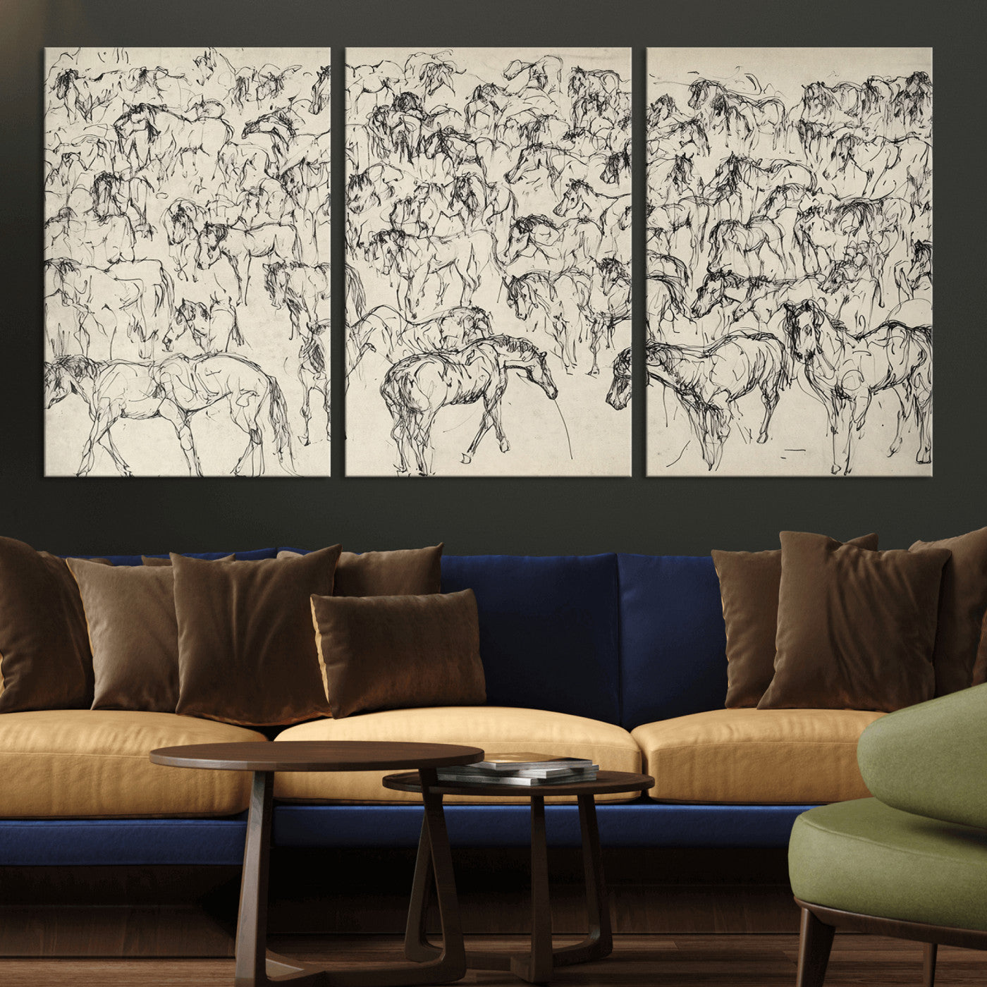 86653927-MGV-CV-36X24-Wild Horse Stampede Wall Art Canvas Print – Monochrome Running Horses Dynamic Motion Elegant Artwork for Home, Office