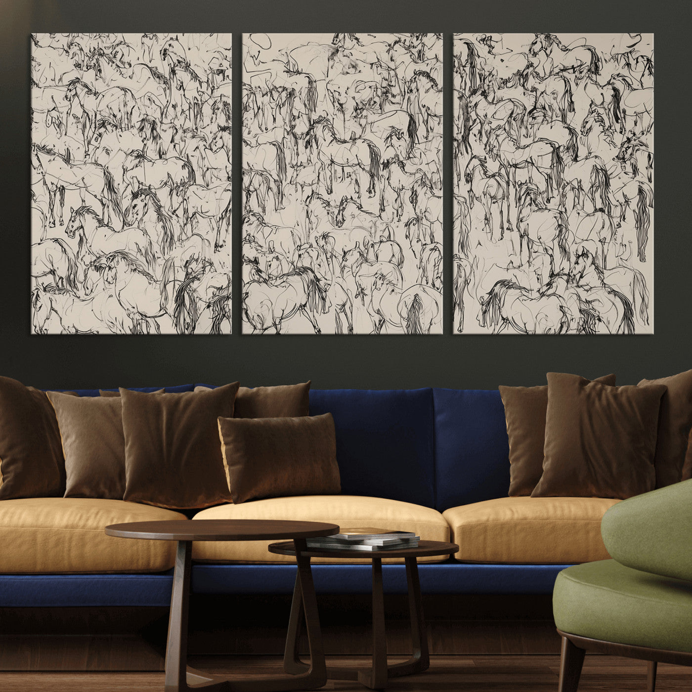 12358908-MGV-CV-36X24-Wild Horse Stampede Wall Art Canvas Print – Monochrome Running Horses Dynamic Motion Elegant Artwork for Home, Office