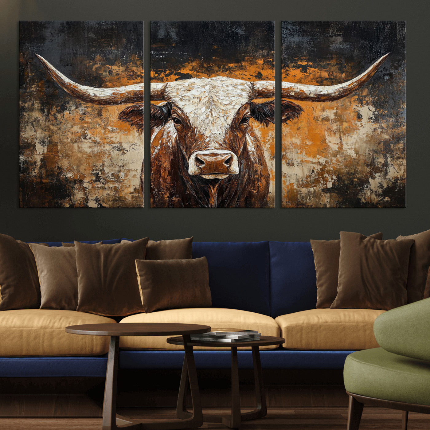 25265572-MGV-CV-36X24-Rustic Longhorn Bull Wall Art Canvas Print – Vintage Western Cattle Scene, Texas Steer Artwork for Home, Office