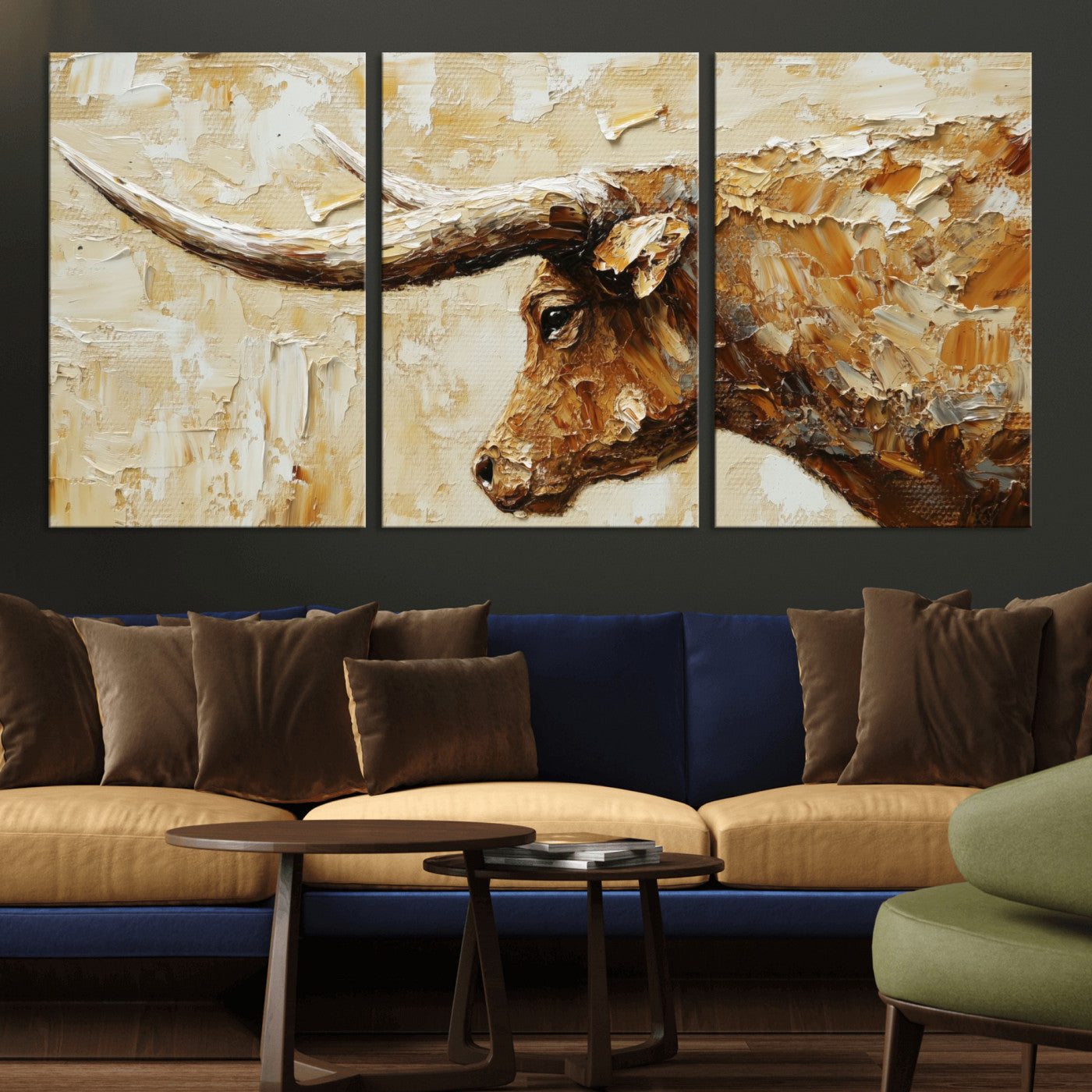 69611428-MGV-CV-36X24 - Rustic Longhorn Bull Wall Art Canvas Print – Vintage Western Cattle Painting, Texas Abstract Wall Cow Prints