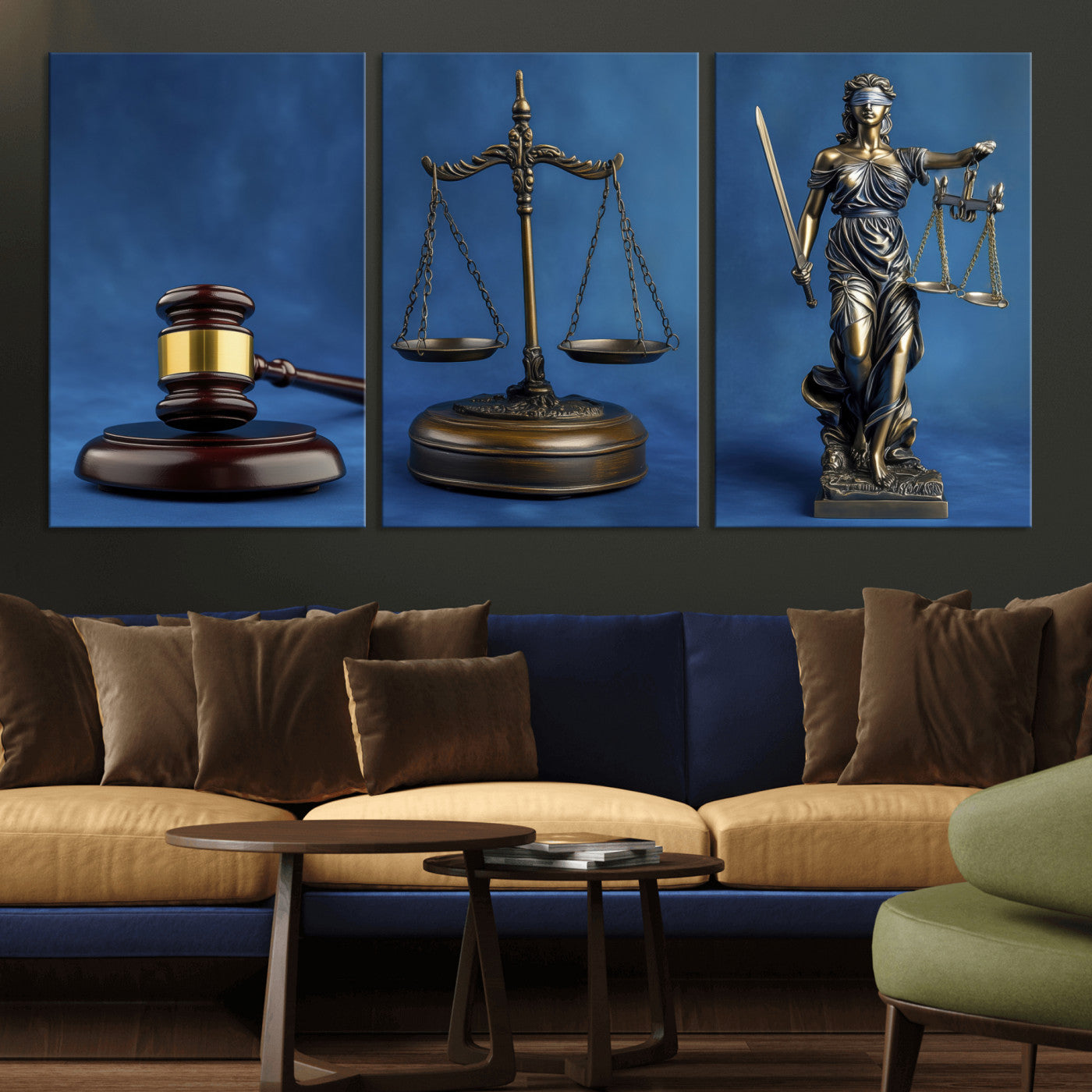 27565987-MGV-CV-60X30-3P - Legal Justice Wall Art Canvas – Gavel, Scales & Lady Justice with Courtroom Canvas Print for Law Office or Lawyer Gifts