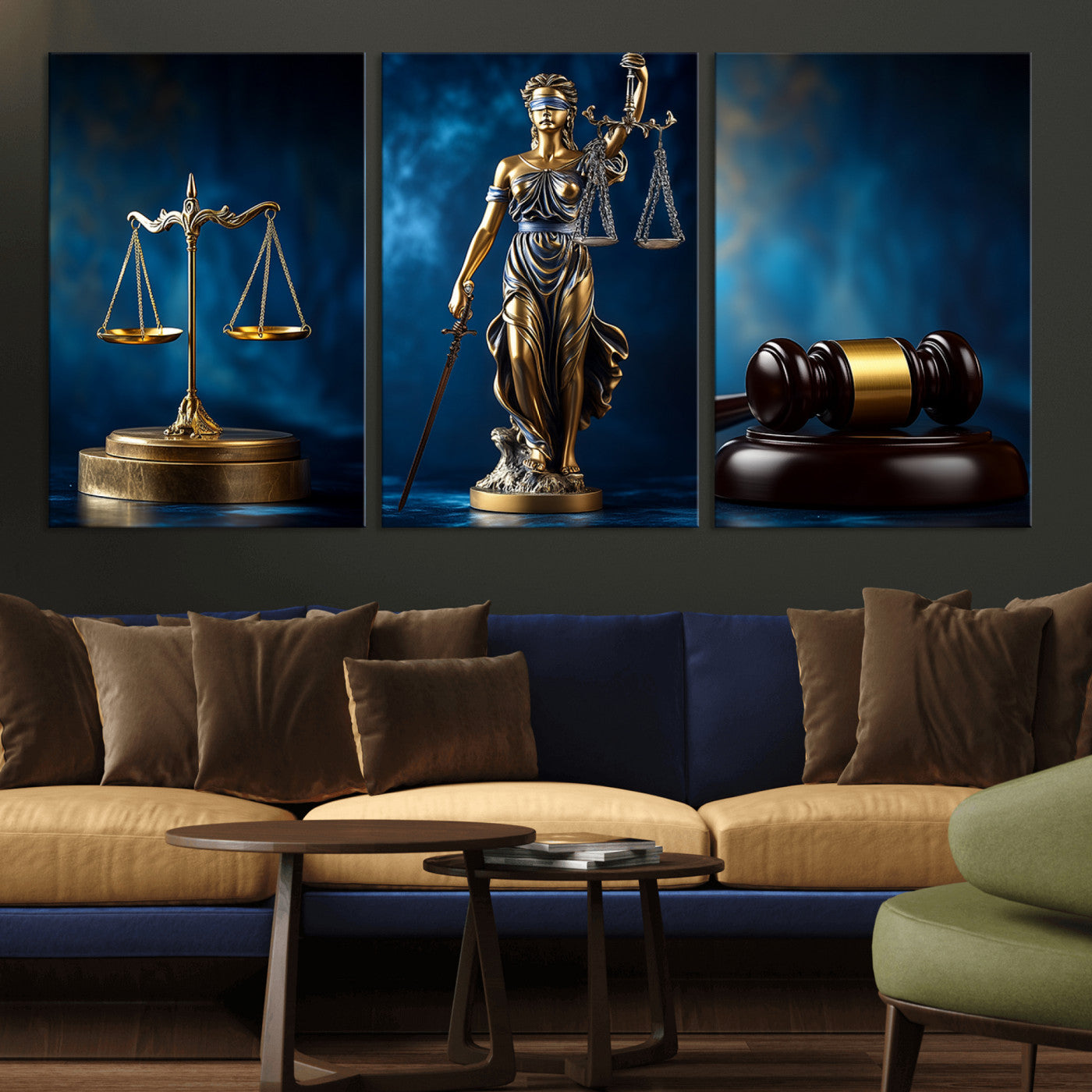 33888279-MGV-FP-36X24-3P_Walnut-Lady Justice Wall Art Canvas Print – Elegant Gold Legal Symbols Blue Background, Perfect for Law