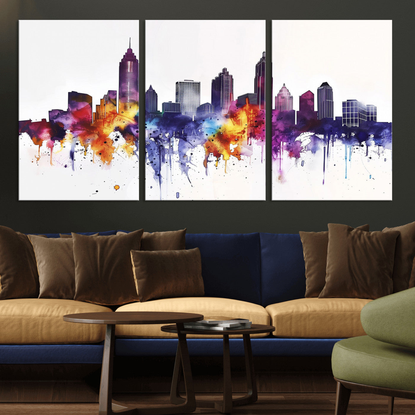 34479880-MGV-CV-36X24-Atlanta Skyline Wall Art Canvas Print – Framed Colorful Watercolor Cityscape Artwork for Home, Office, Living Room